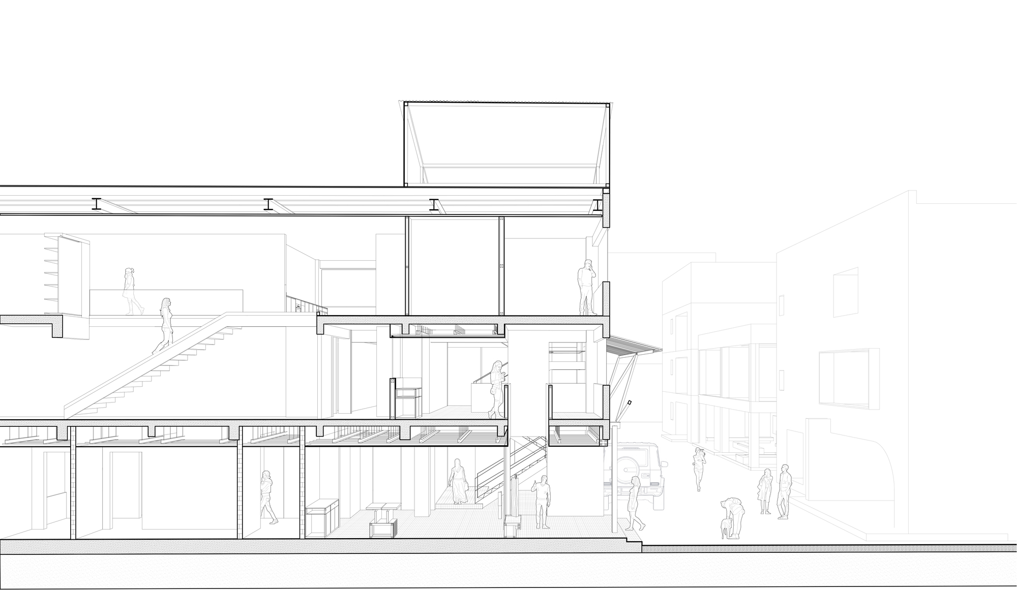 Section drawing showing multiple levels with interior stairs, roof volume and pedestrians at ground level