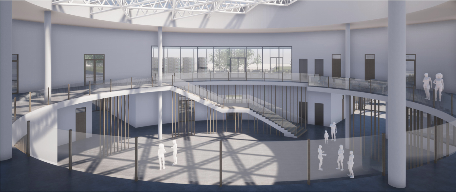 Central atrium with circular geometry enabling visual connectivity, social interaction, and dynamic learning experiences.