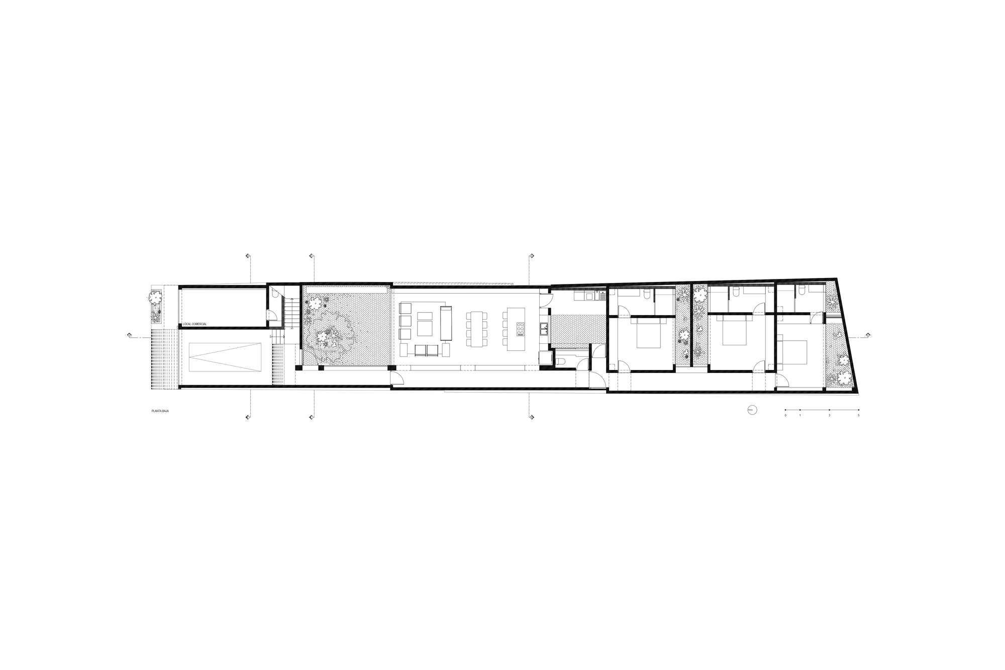 Floor plan showing a narrow residence with courtyard, living areas and three bedrooms in sequence