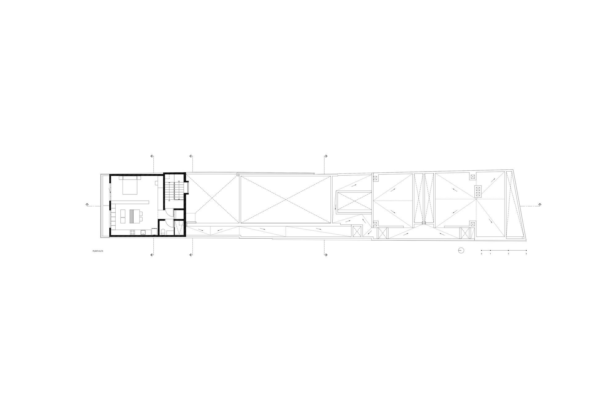 Roof plan drawing indicating skylight positions and structural framing across the elongated building footprint