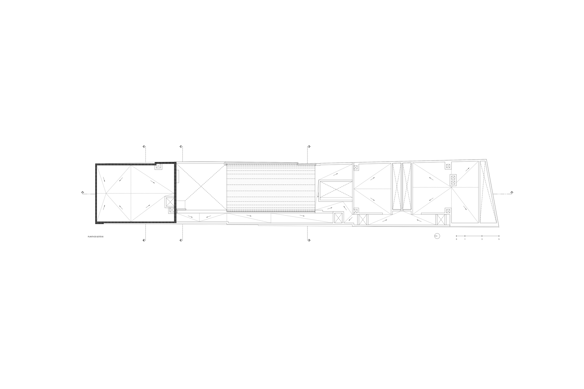 Floor plan drawing showing a narrow linear layout with rooms arranged in sequence