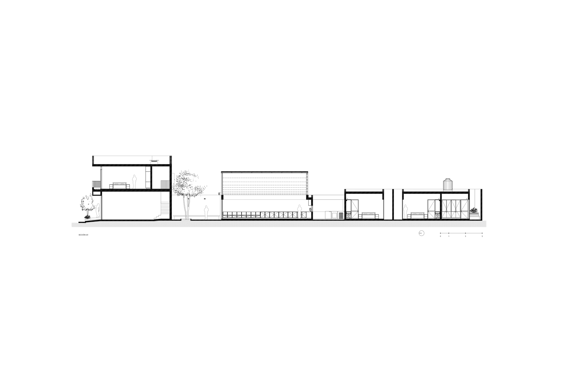 Section drawing depicting multiple connected volumes of varying heights with a central covered courtyard