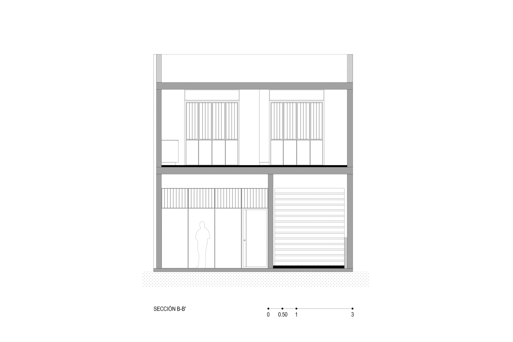 Building section showing a two-story interior with vertical slat screens and clerestory glazing