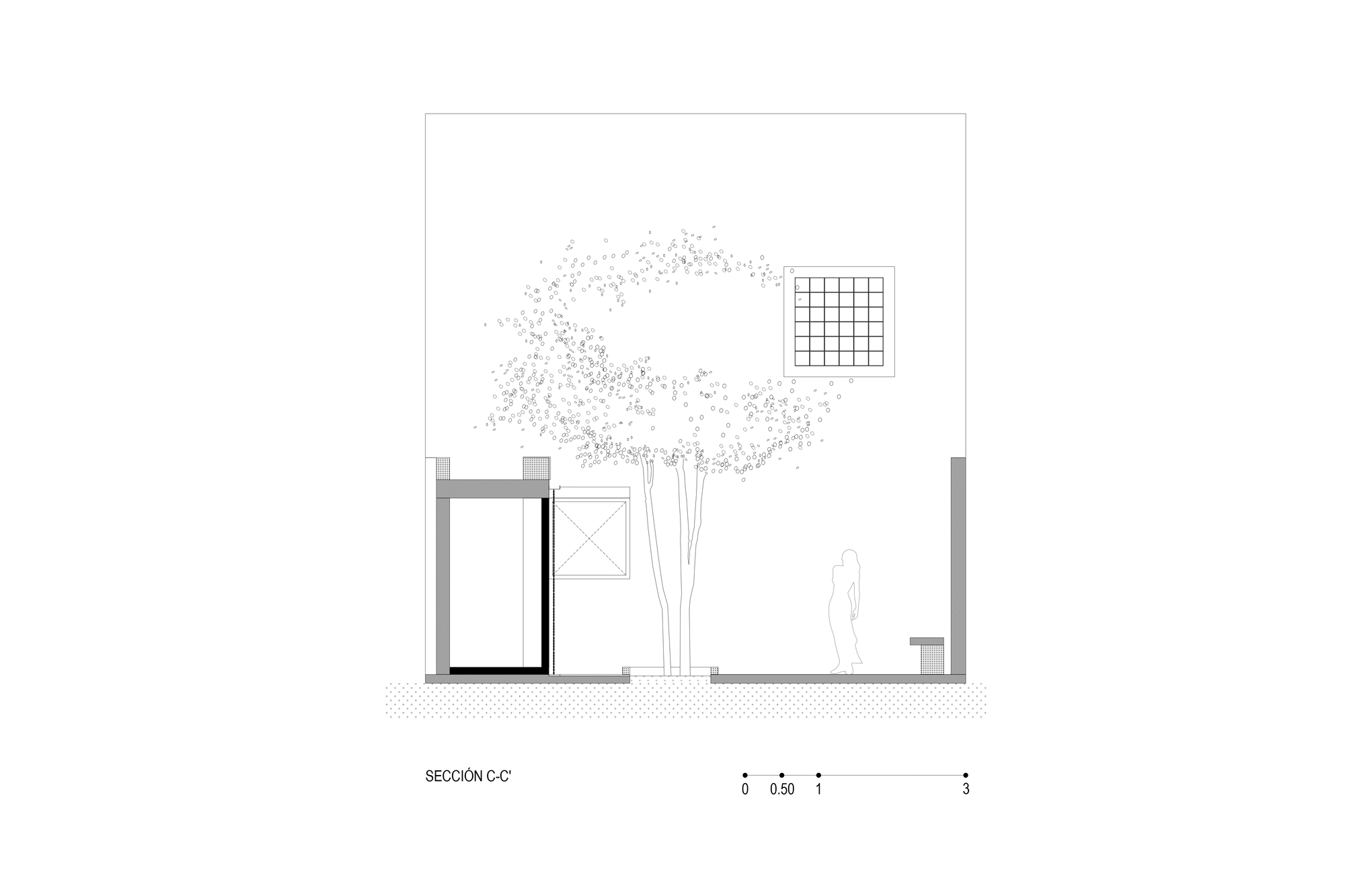 Section drawing through an interior courtyard with a tree and a figure beneath a skylight