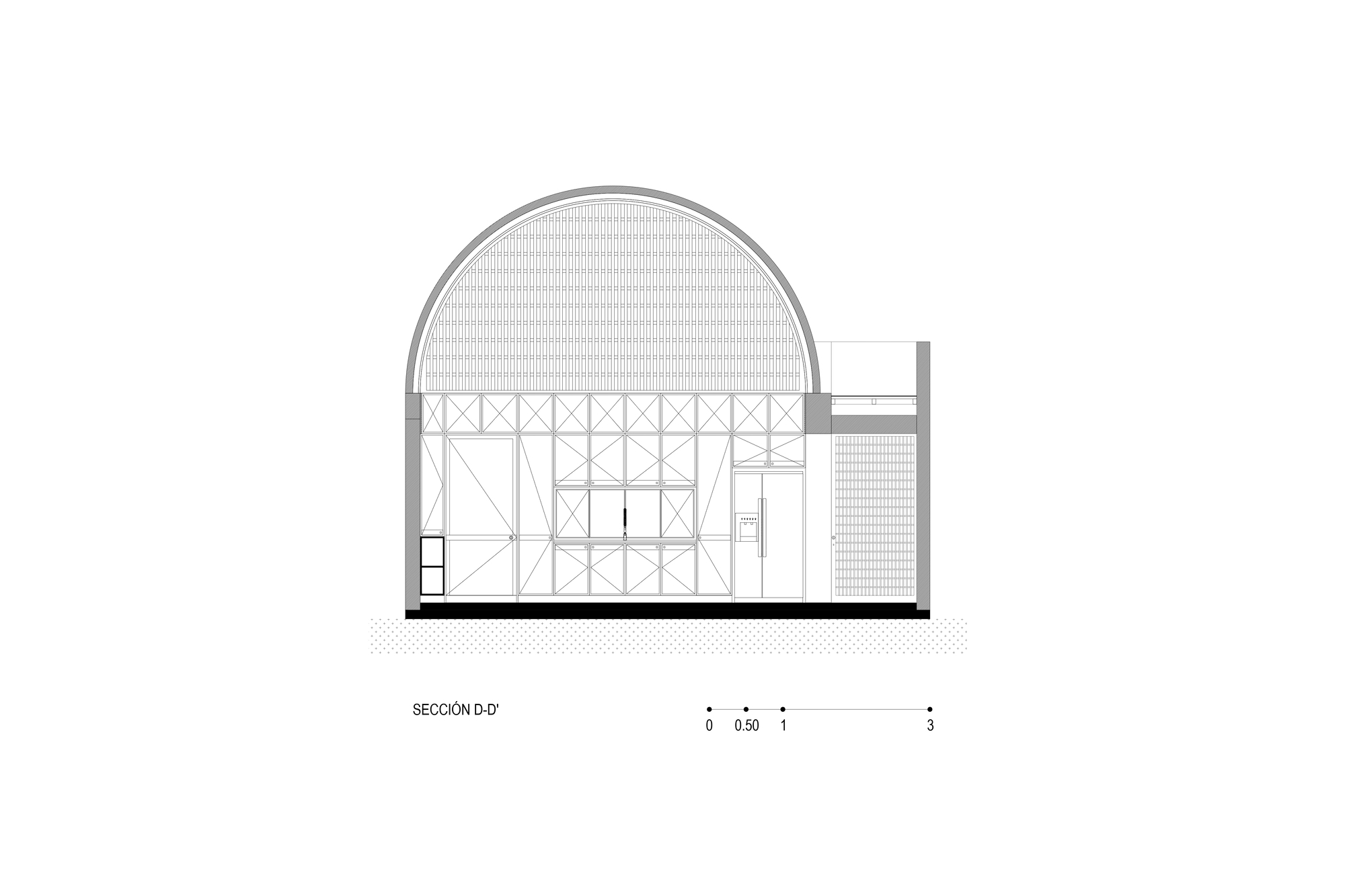 Section drawing revealing a vaulted roof structure with exposed trusses and lattice framework