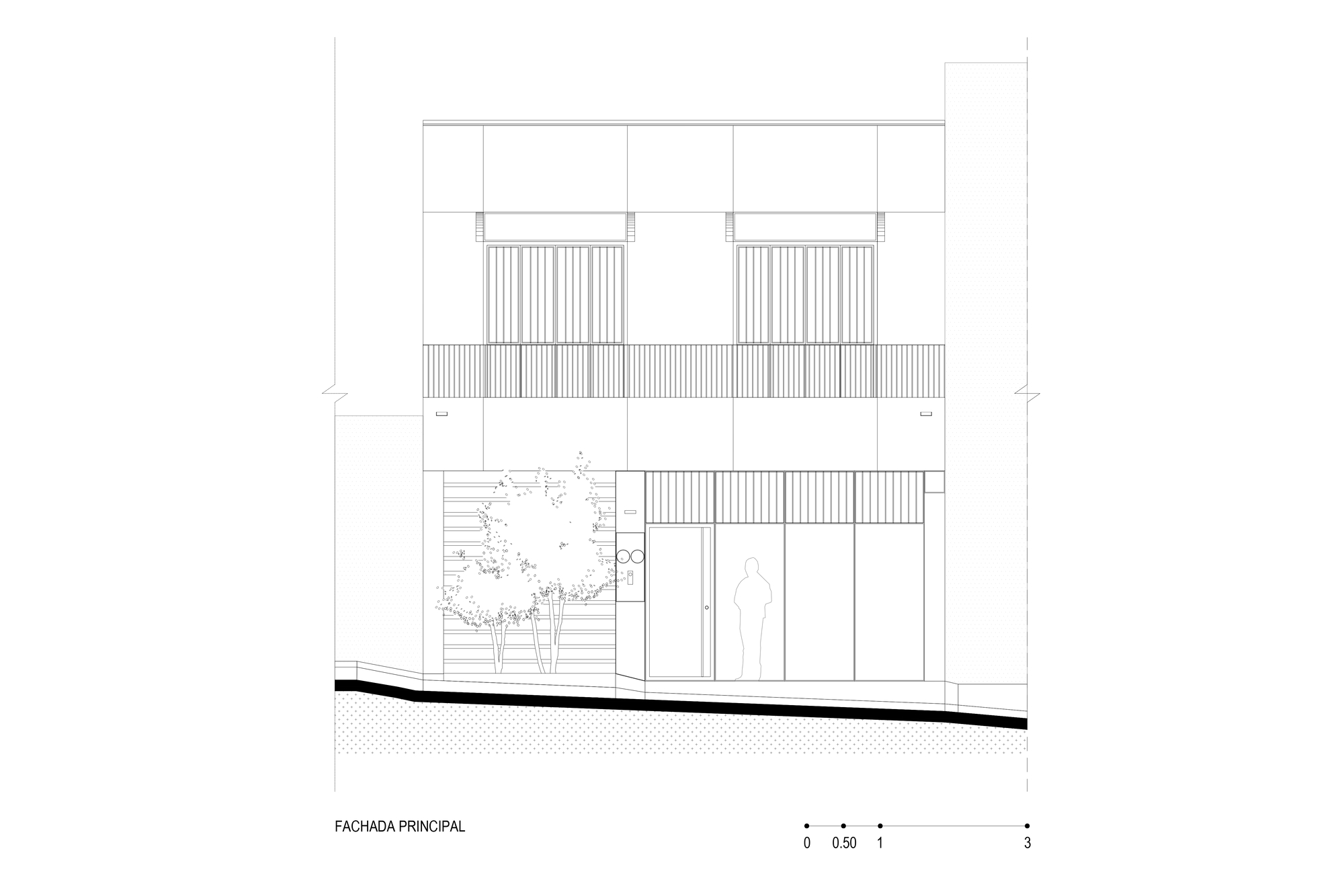 Front elevation drawing showing a two-story facade with vertical slats and a planted courtyard