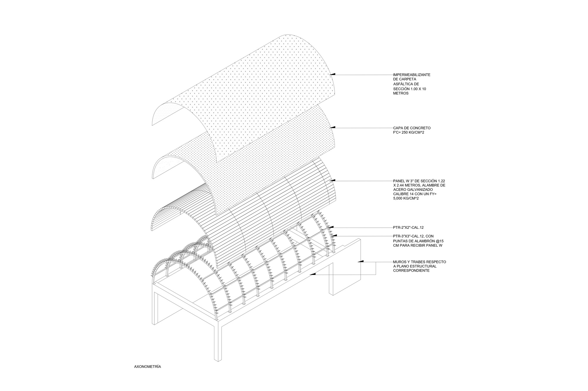 Exploded axonometric showing layered roof construction with curved structural framing and membrane assembly