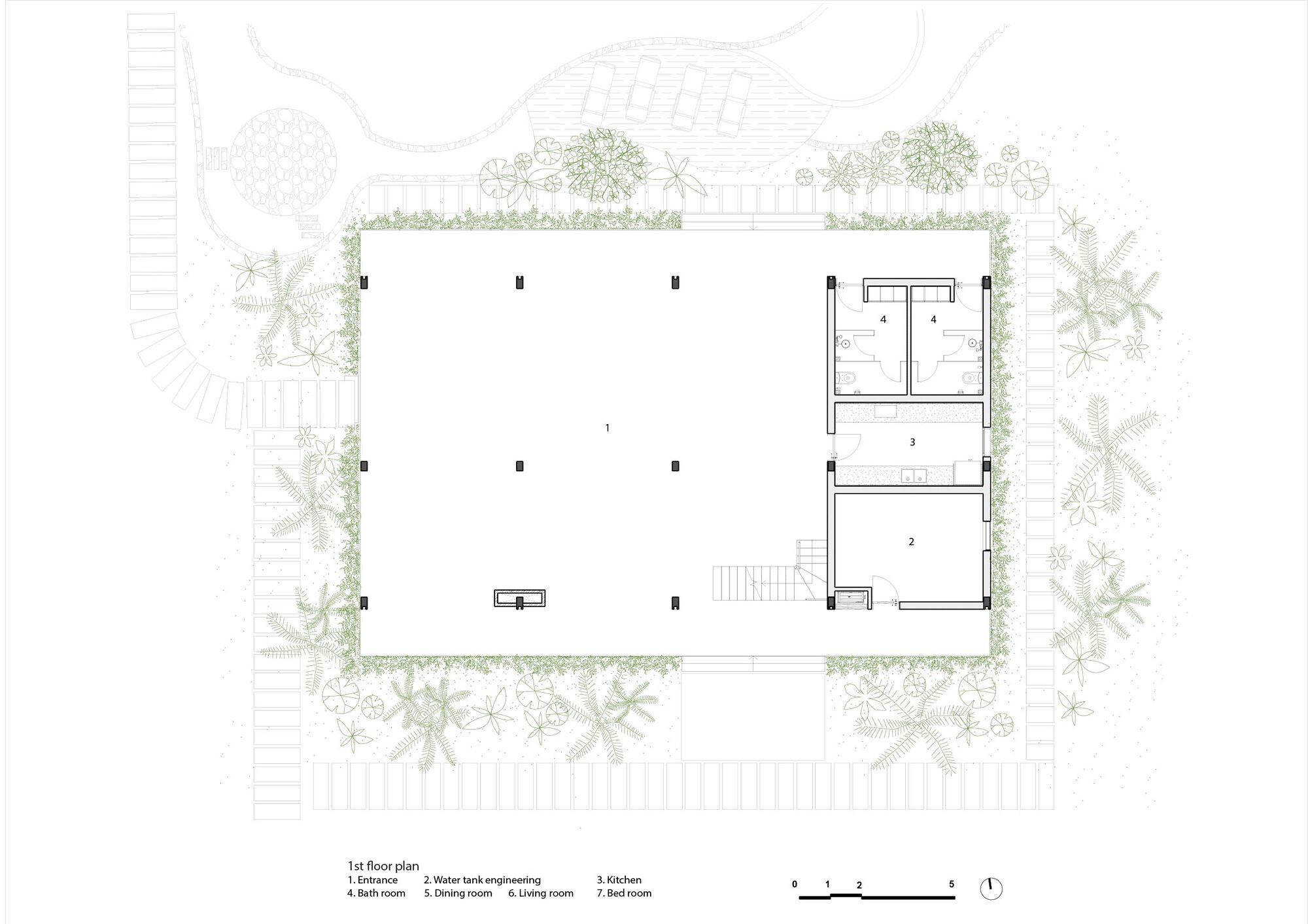 First floor plan drawing depicting a large open hall flanked by service rooms and vegetation