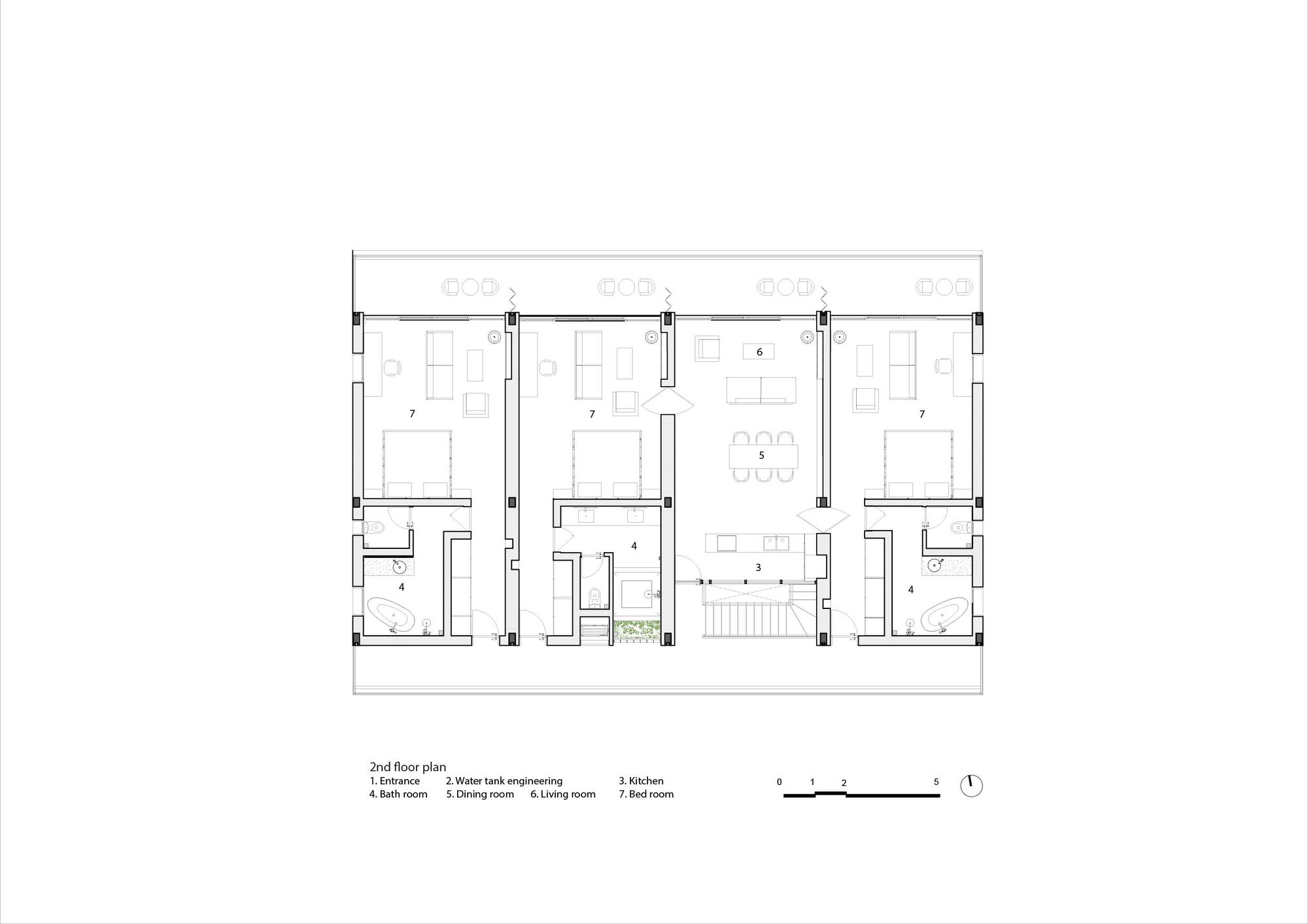 Second floor plan showing bedrooms, bathrooms, living spaces, and a central kitchen with dining area