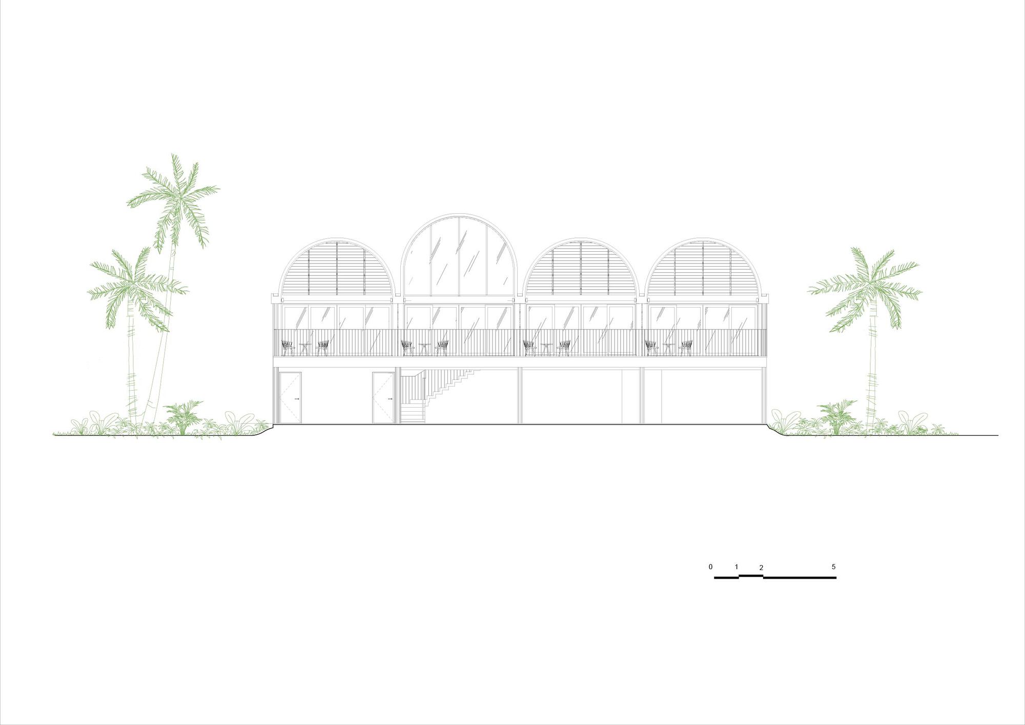 Elevation drawing showing four arched vaults above two levels with palm trees in the landscape