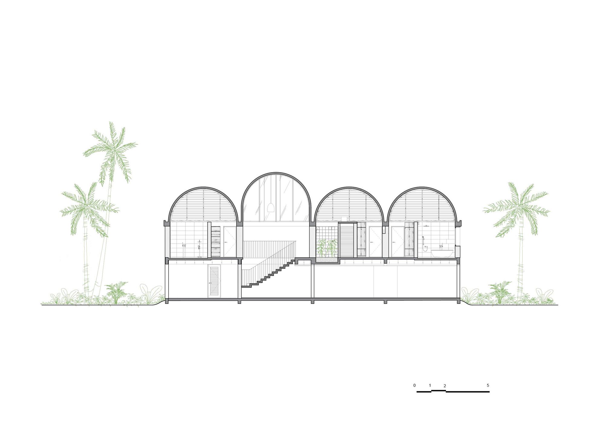 Section drawing through the arched roof volumes showing stairs, interior rooms, and planted landscape