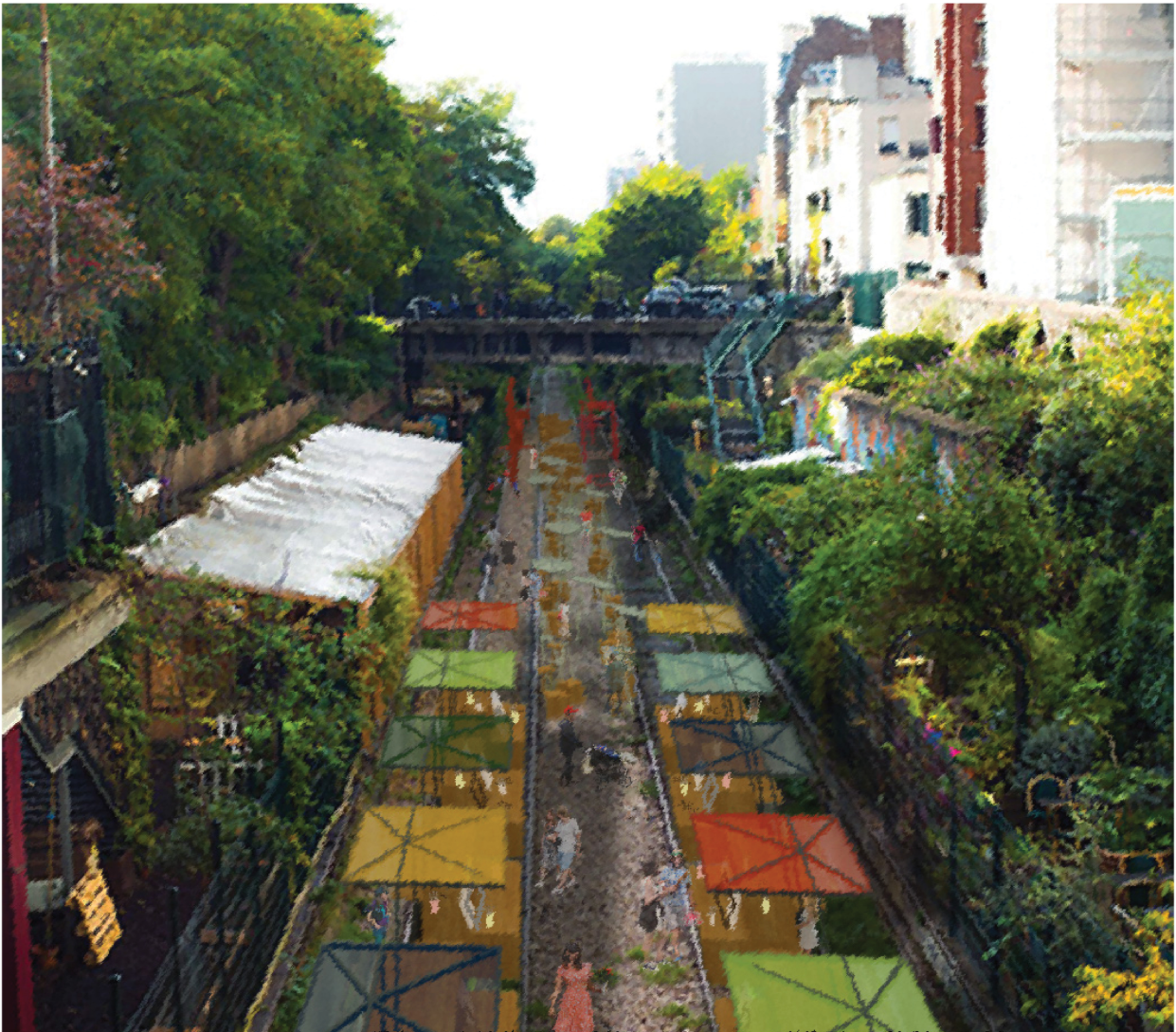 A reimagined urban void structured through color, program, and movement along a continuous linear spine.