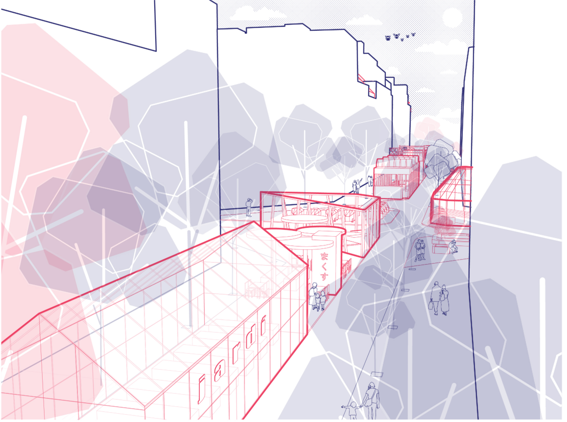 Modular insertions activate pedestrian streets, creating adaptable micro-programs within a car-free urban fabric.