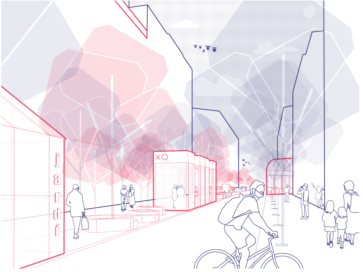 Human-scale mobility redefines the street, where cycling and walking replace vehicular dominance.
