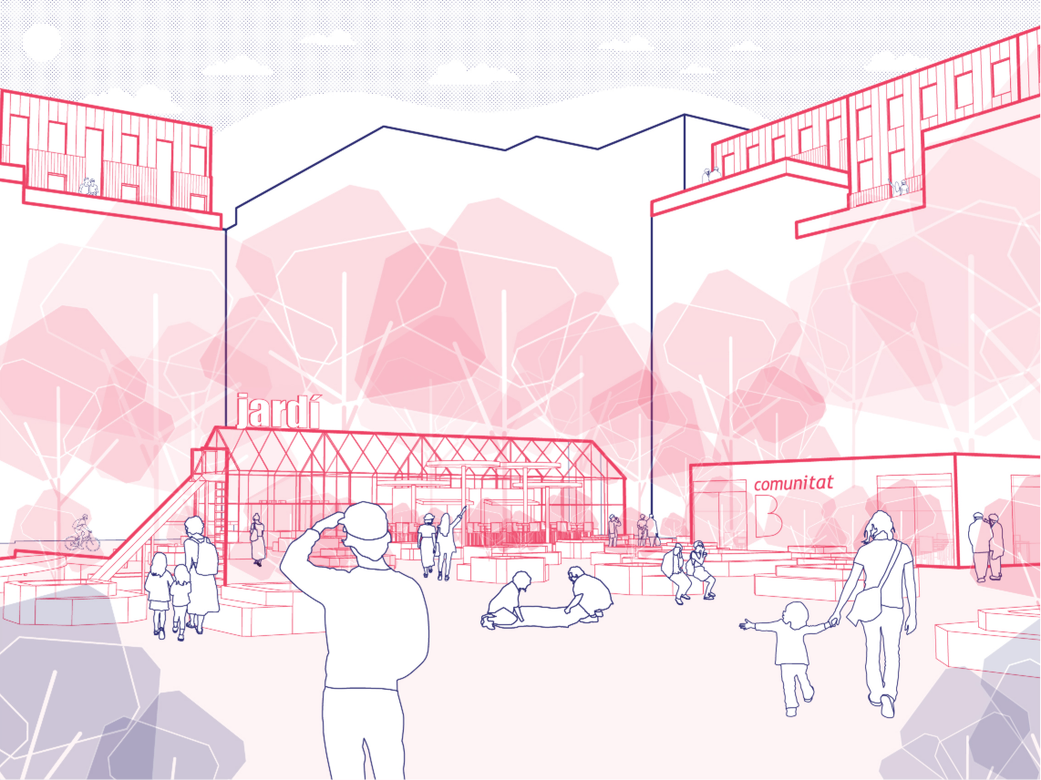 Courtyard becomes a collective landscape, merging play, ecology, and community interaction.