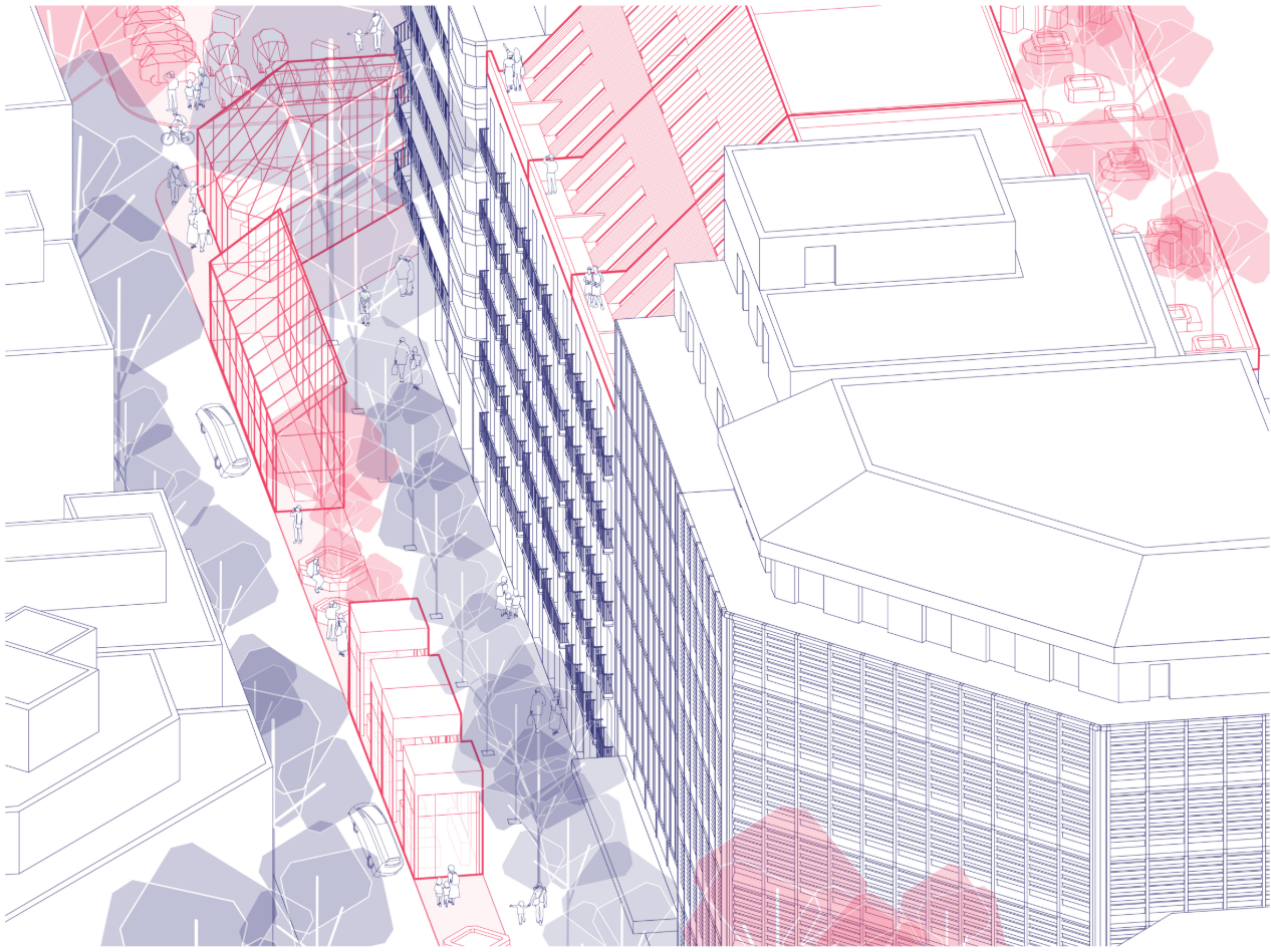 Linear urban interventions stitch together fragmented blocks, enabling continuous public activation.
