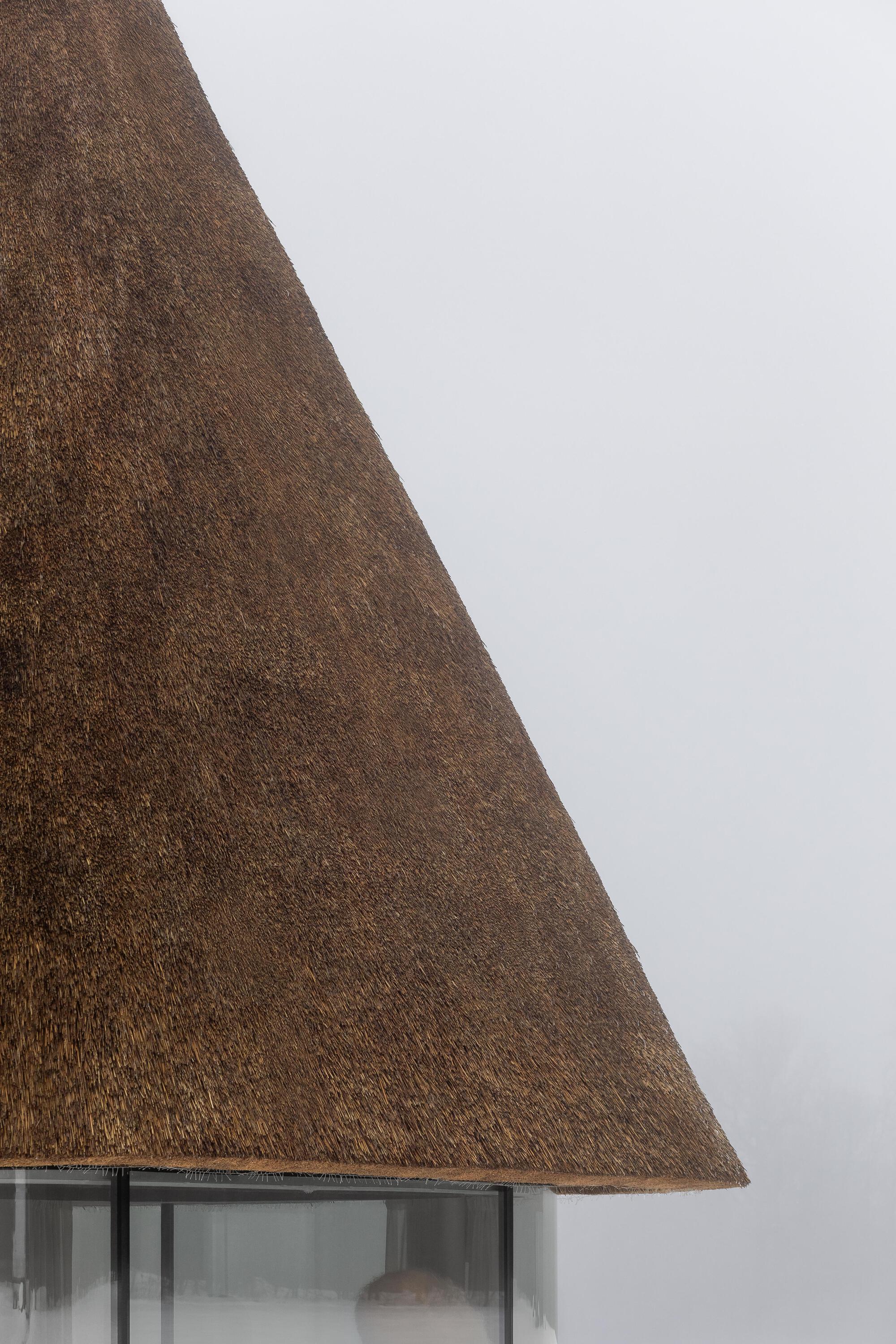 Close-up of the thatched roof edge meeting the curved glass curtain wall beneath an overcast sky