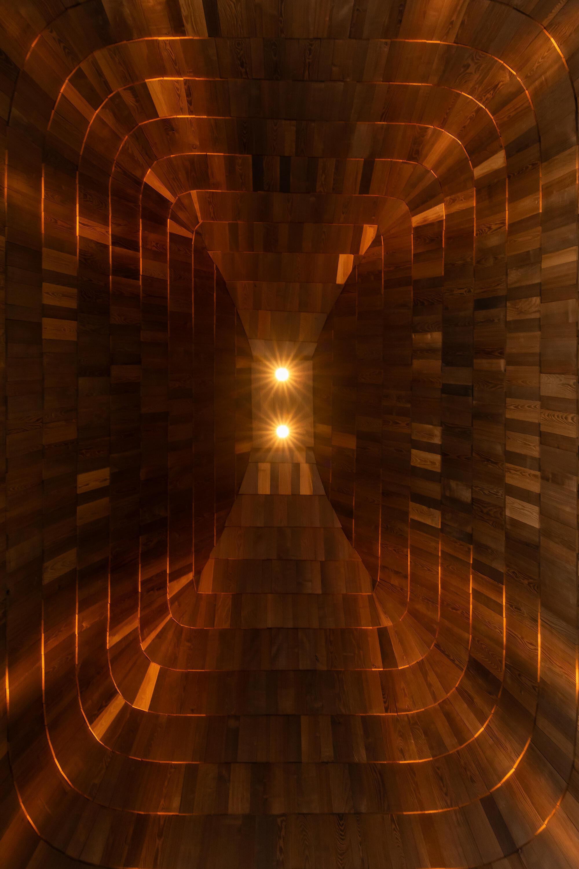 Upward view inside the timber roof structure showing layered plywood ribs converging toward pendant lights
