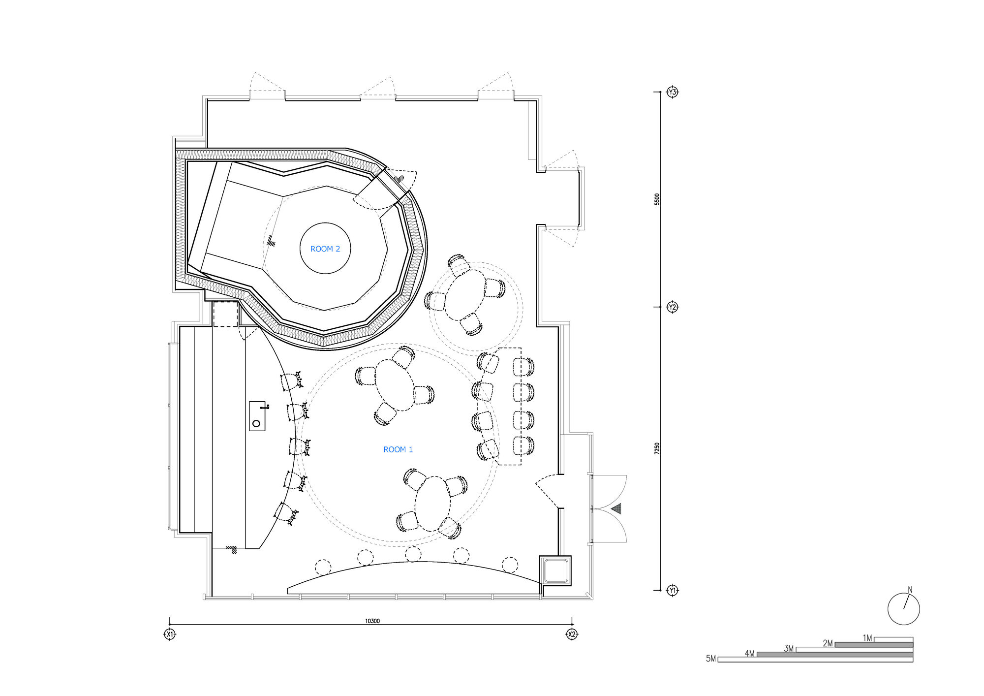 Floor plan drawing showing a circular seating area with tables arranged around a curved service counter