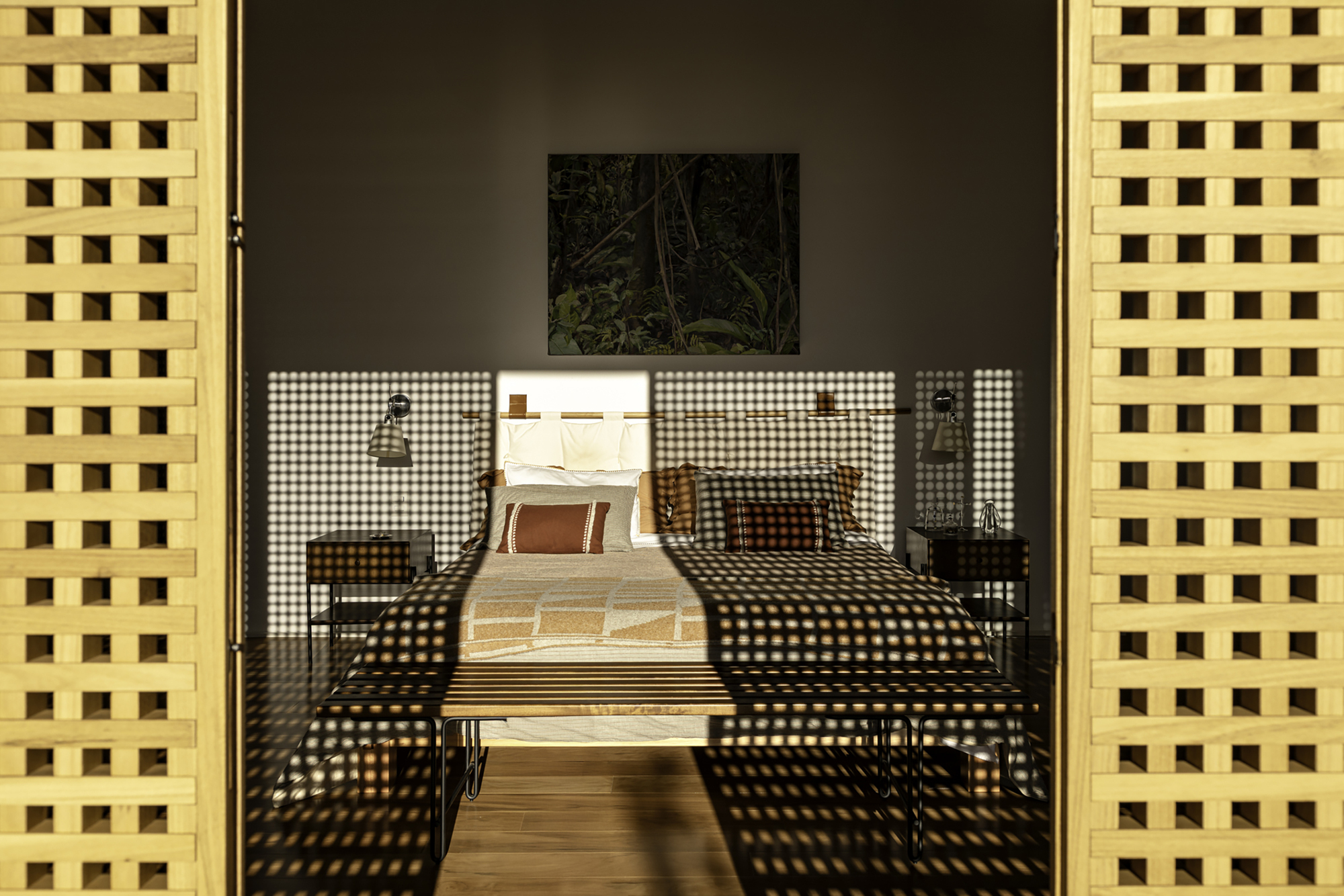 Bedroom framed by yellow perforated brick walls with chequered screens creating dappled shadows across the interior