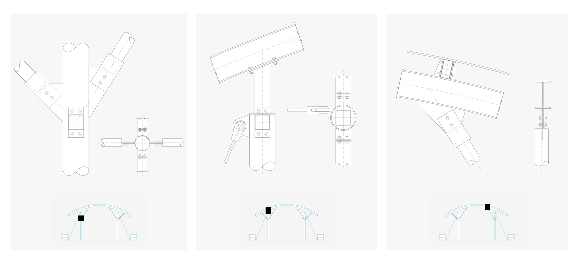 Technical drawings showing column assembly and joint details in plan and elevation views
