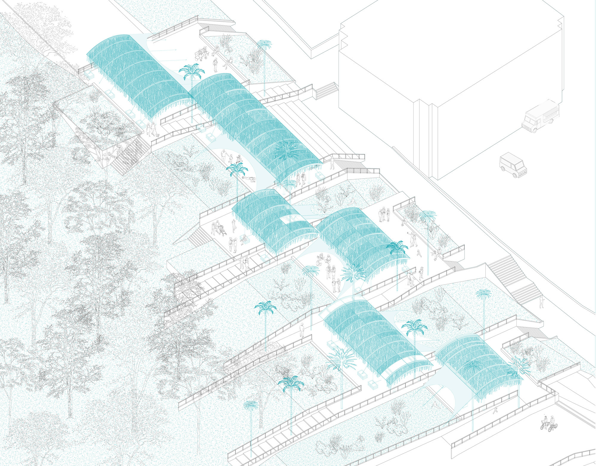 Axonometric drawing showing curved barrel vault roofs over interconnected pavilions with palm trees and landscaping