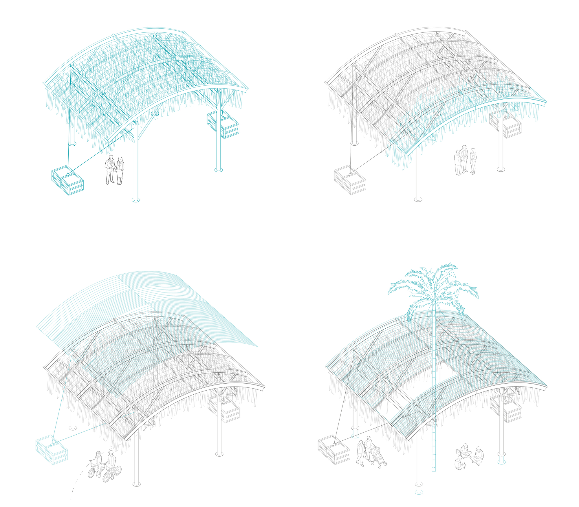 Isometric drawing showing four variations of the curved canopy structure with exposed structural grid and figures below