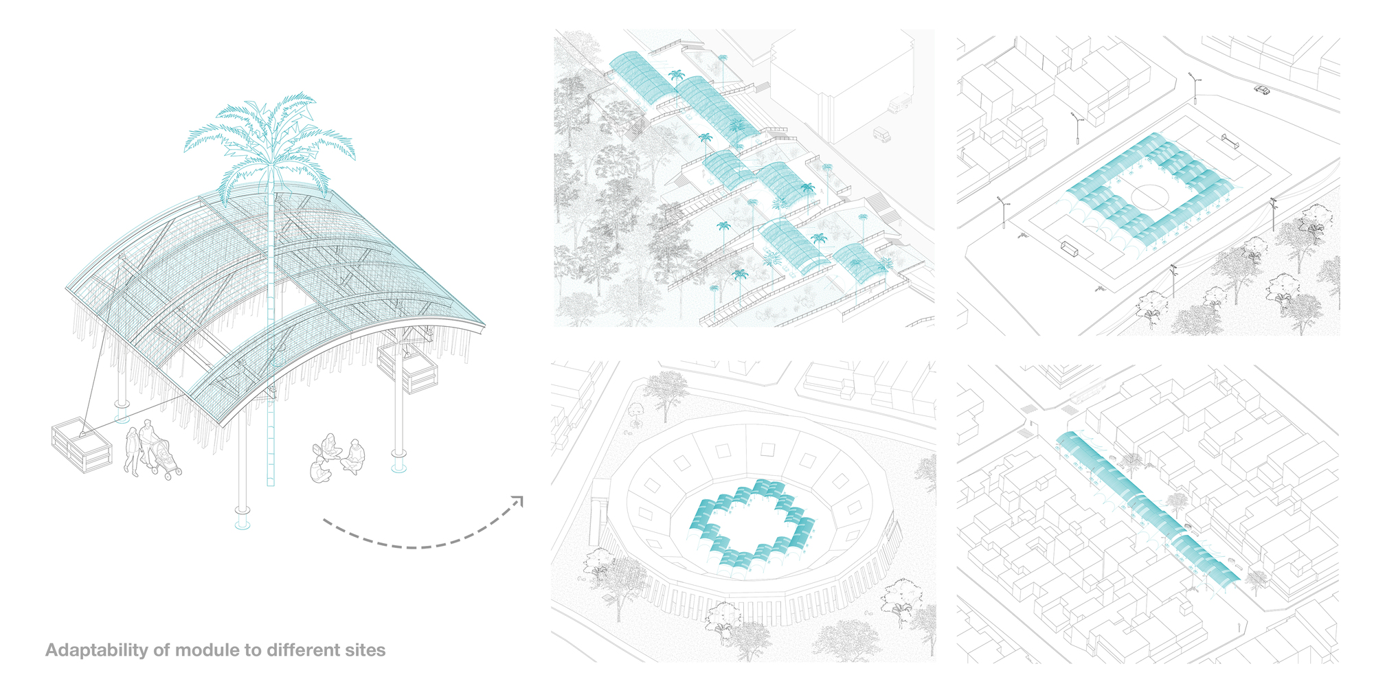 Site plan diagrams illustrating the modular pavilion adapted to different urban and landscape configurations