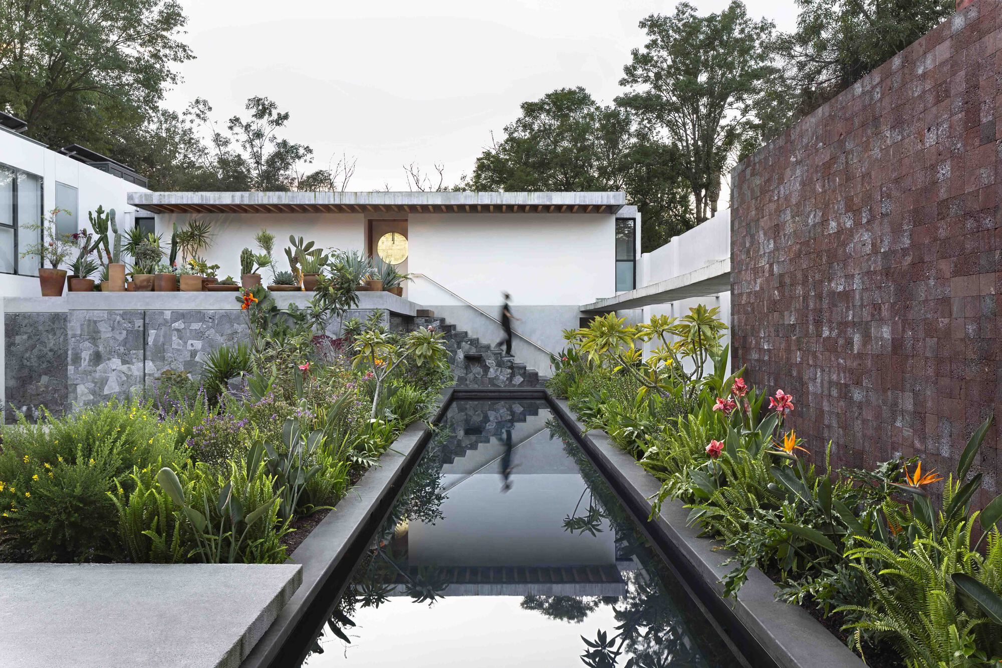 Long lap pool running between planted beds toward the upper terrace and main house