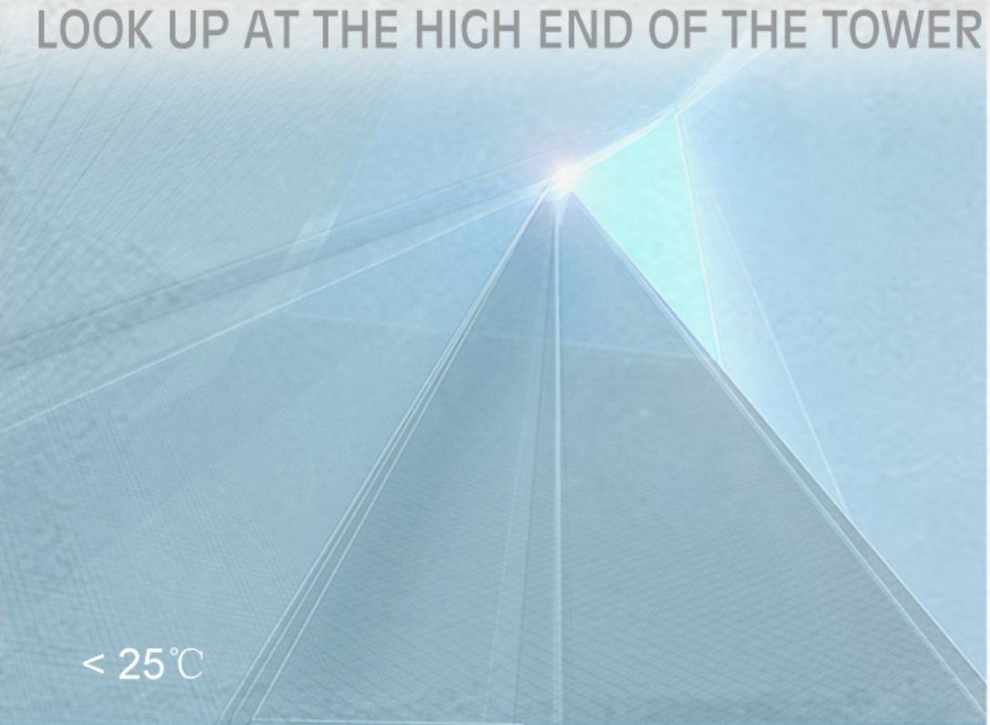 Beacon tower remains pristine below 25°C, symbolizing environmental balance.