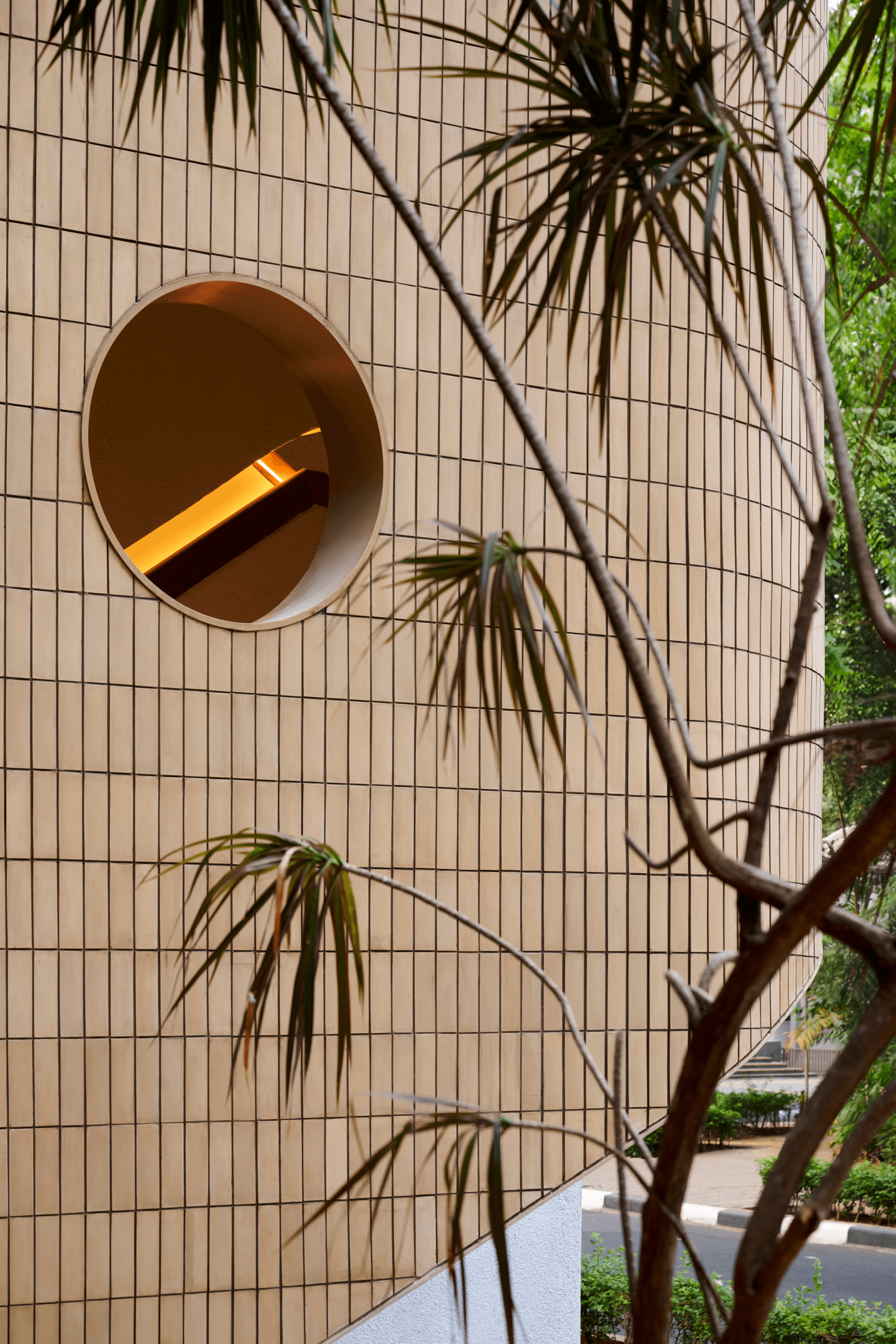 Circular portal set into vertical tile wall with palm fronds casting shadows from adjacent tree