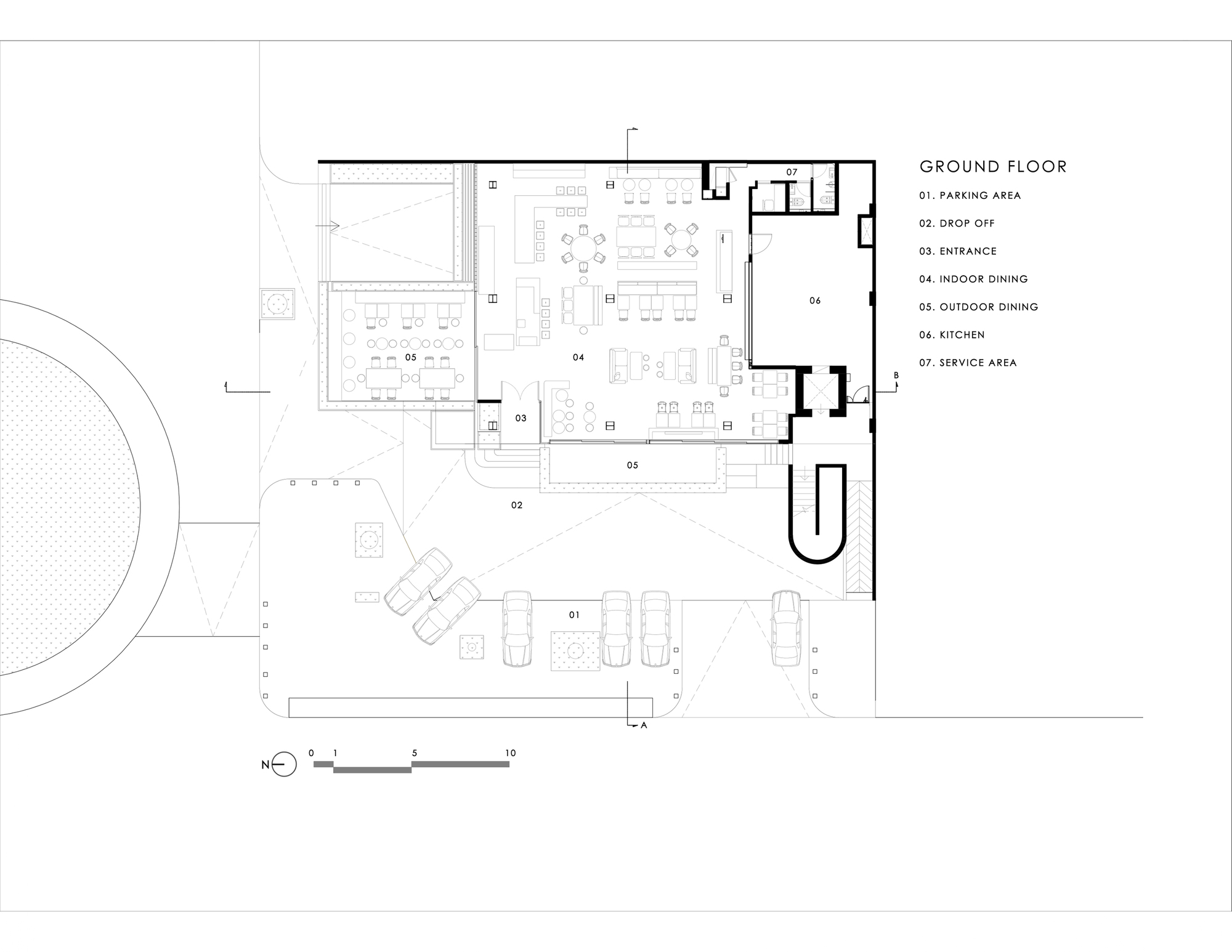 Ground floor plan showing dining areas, kitchen and outdoor seating zones