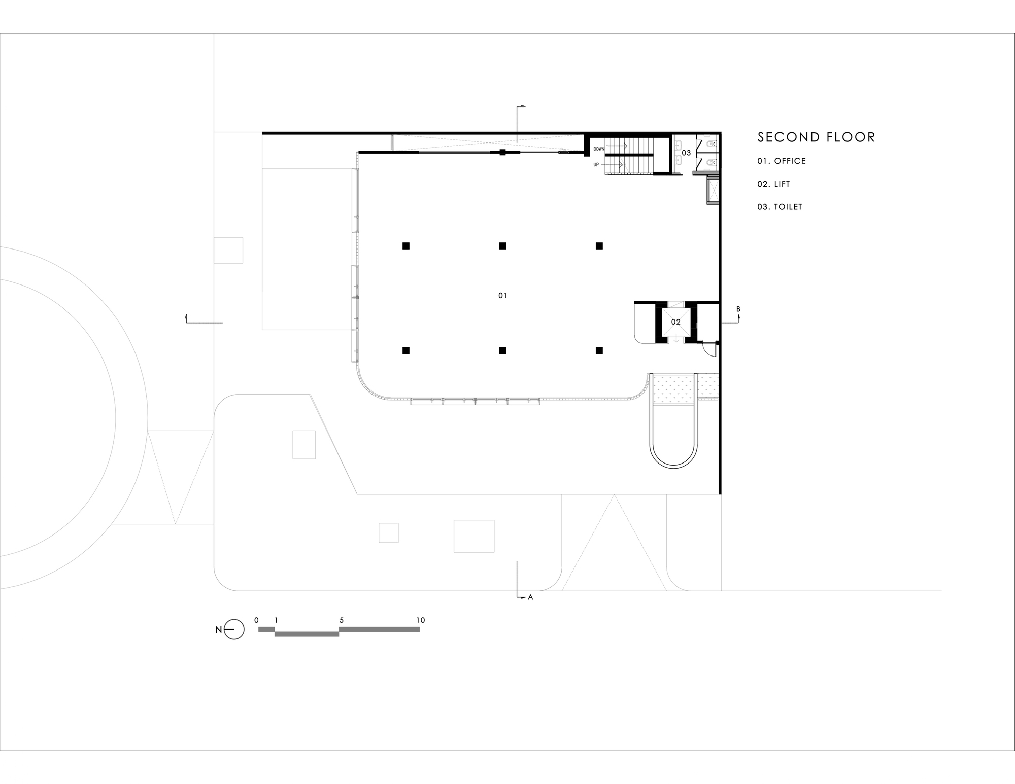 Second floor plan showing office space with grid of columns and lift core