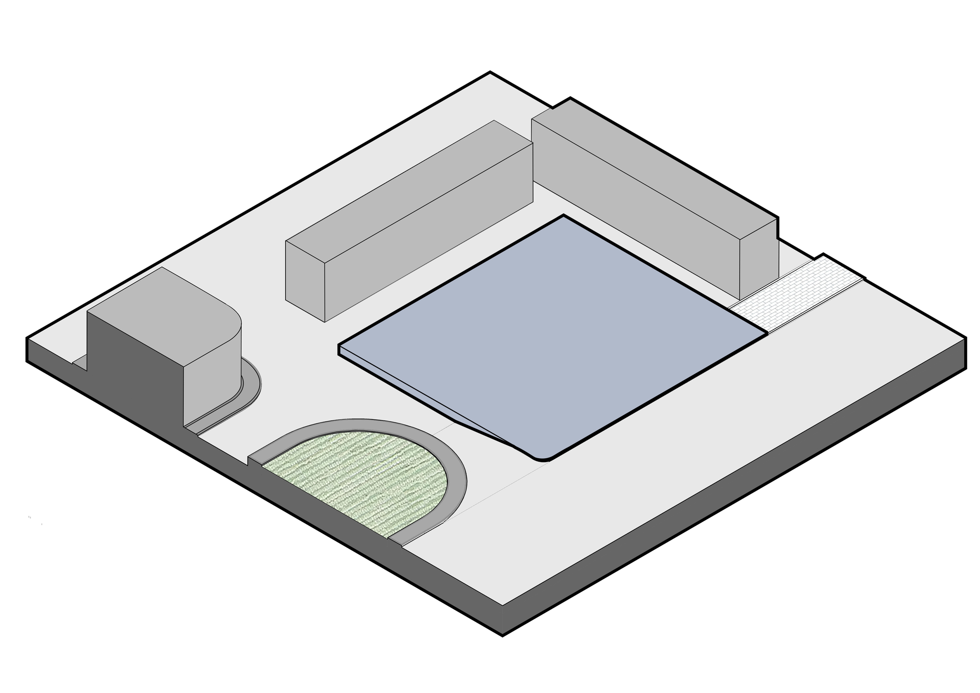 Axonometric diagram showing roof plane with pool, oval lawn, and two building volumes