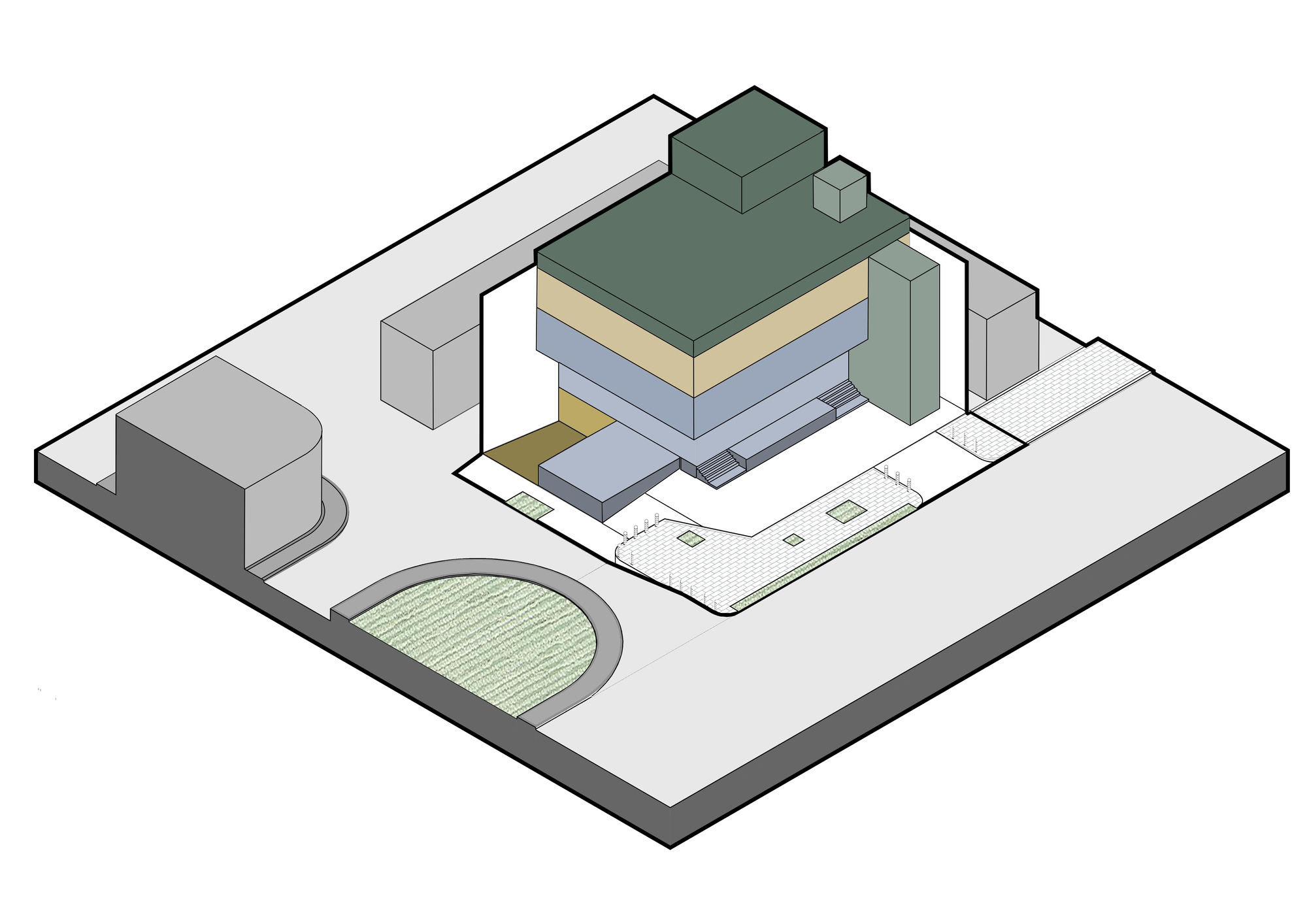 Axonometric diagram with extended terrace and additional rooftop volumes pulled outward from the core