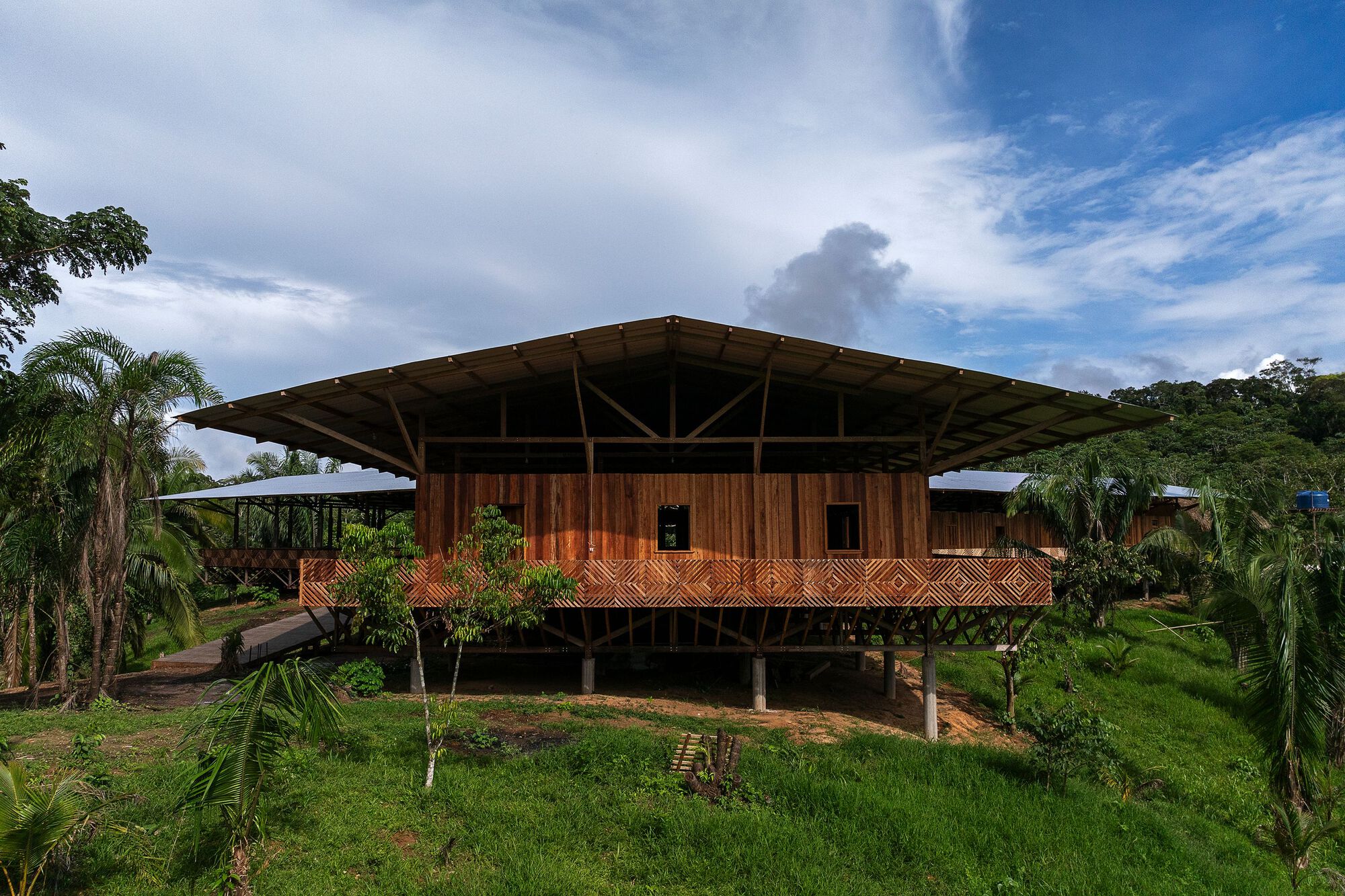 Front elevation showing the cantilevered roof over timber cladding and patterned balustrade with palms flanking the entrance