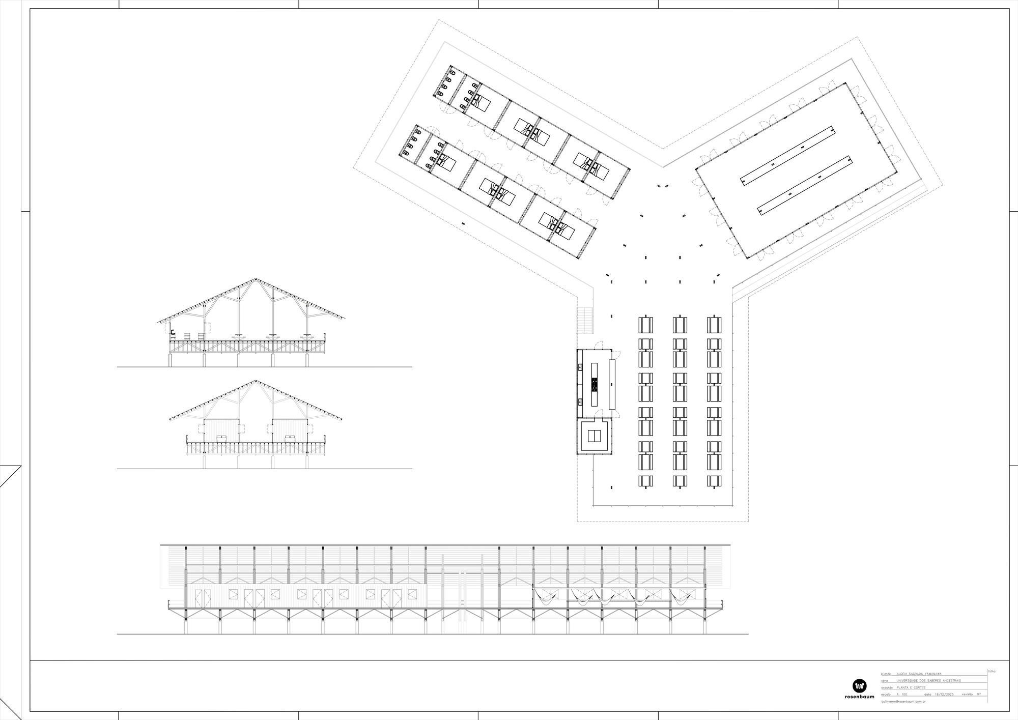 Plan and elevation drawings showing angled roof forms, interior seating layout, and structural column grid