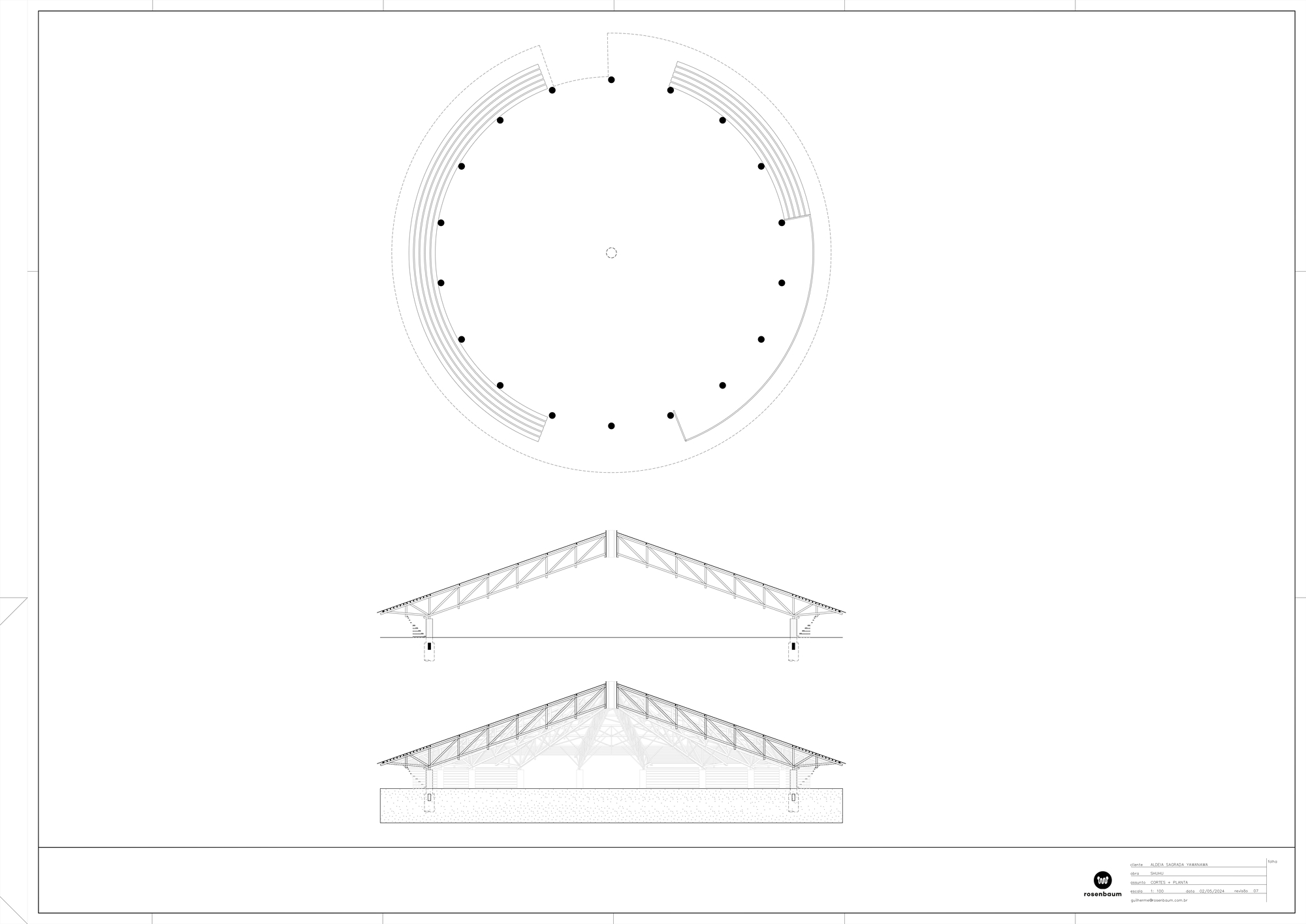 Plan and section drawings showing a circular structure with radial columns and triangulated truss roof system