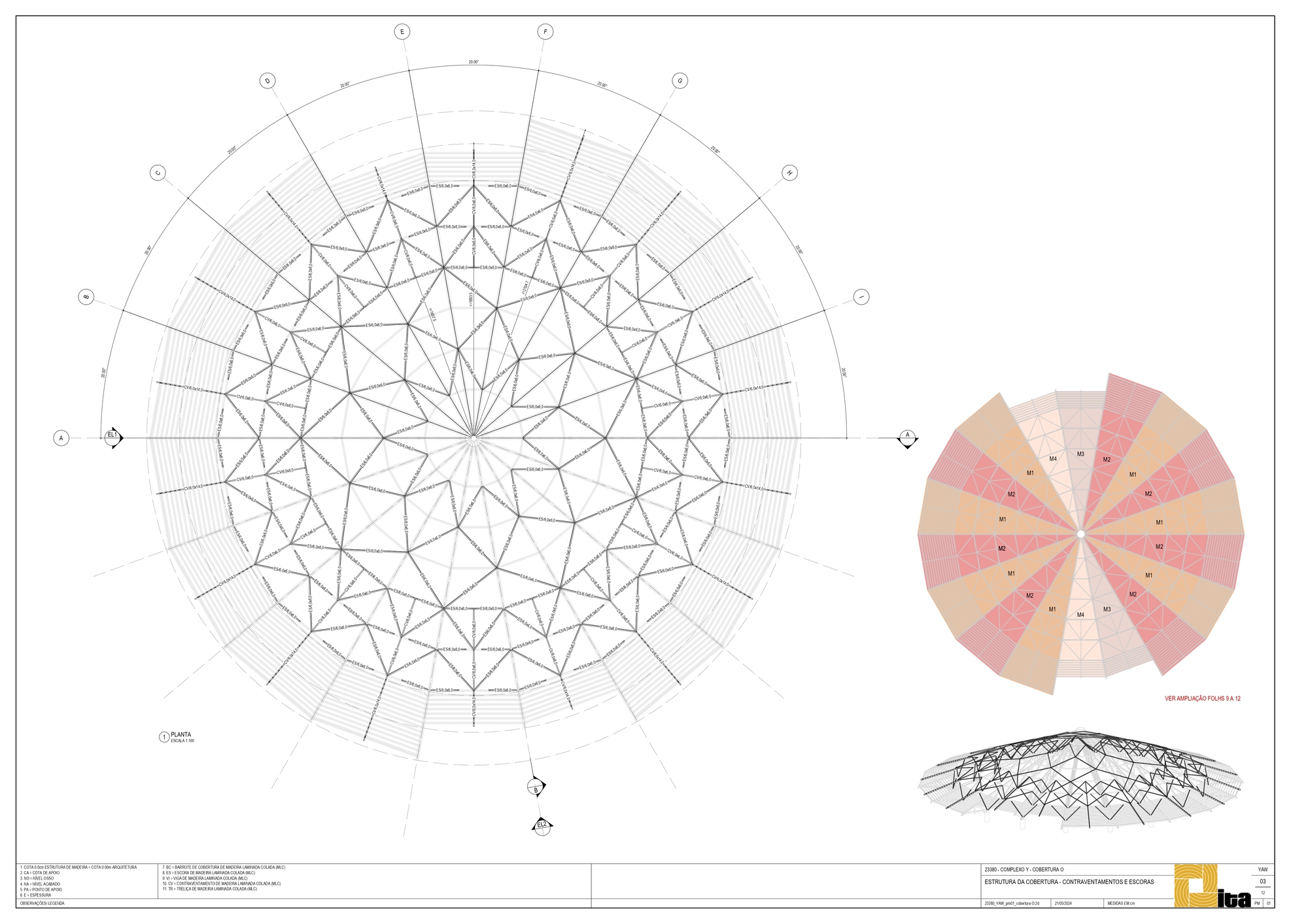 Structural roof plan drawing displaying radial geometry with triangulated framework and material color scheme diagram