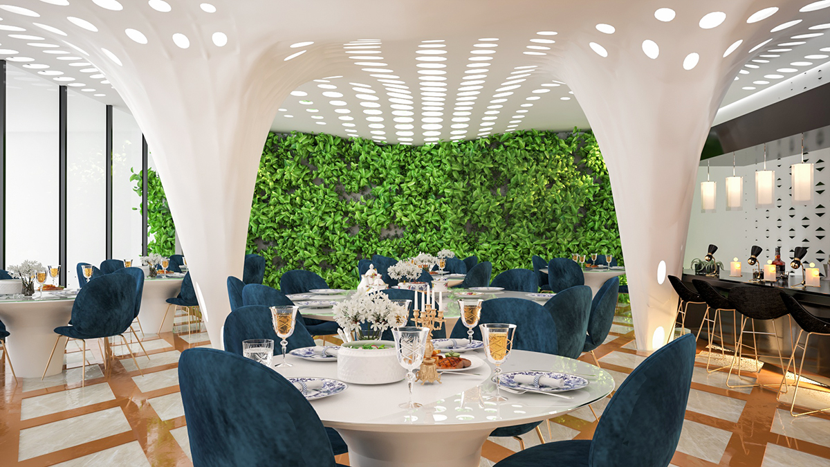 Fluid parametric columns merge with perforated ceilings, creating a seamless spatial shell that defines the dining experience.