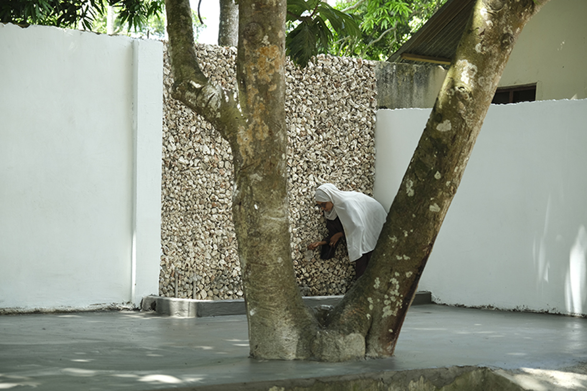 Courtyard with white walls, crushed stone feature wall, and preserved tree trunks with a seated figure