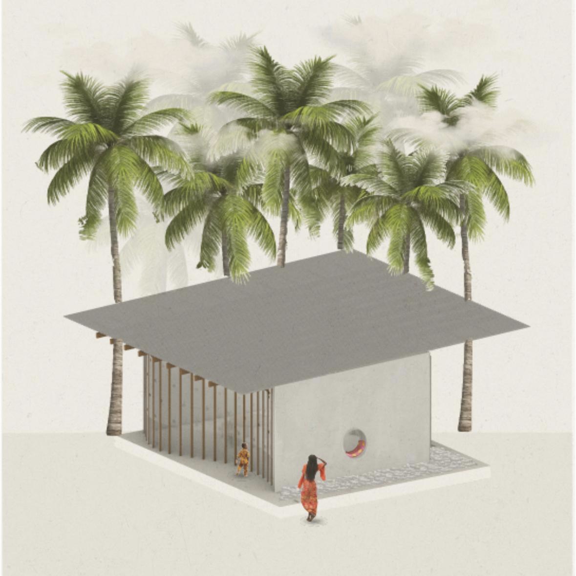 Axonometric rendering of pavilion with vertical metal slat screen and figures walking beneath palm canopy