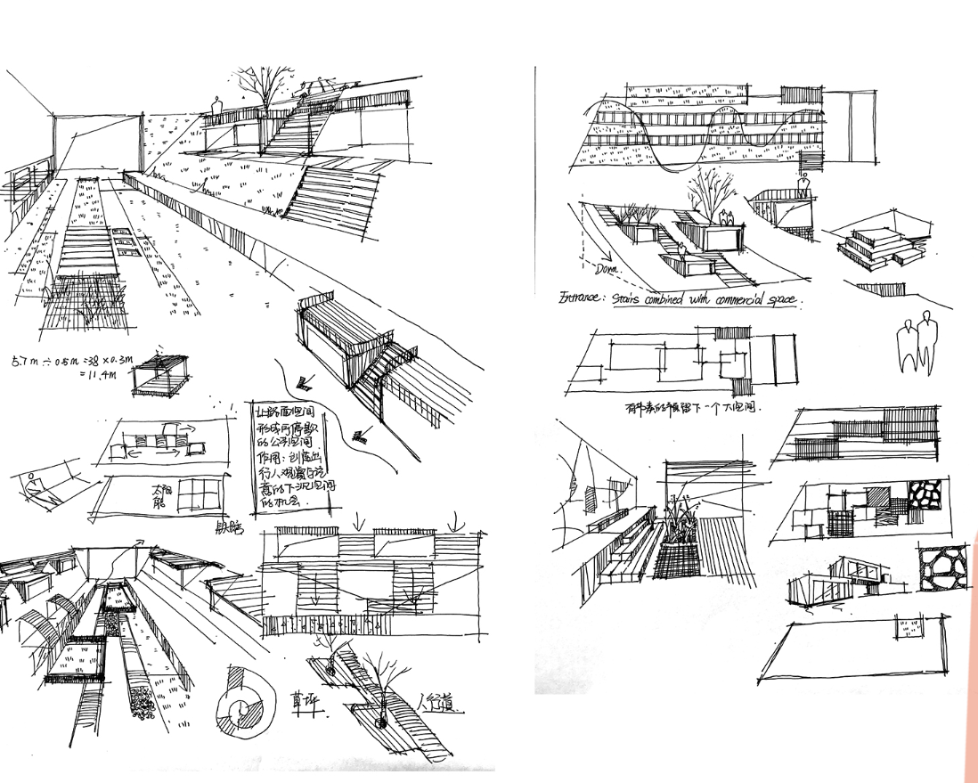 Concept sketches exploring layered circulation, modular platforms, and spatial interventions within a linear urban void.