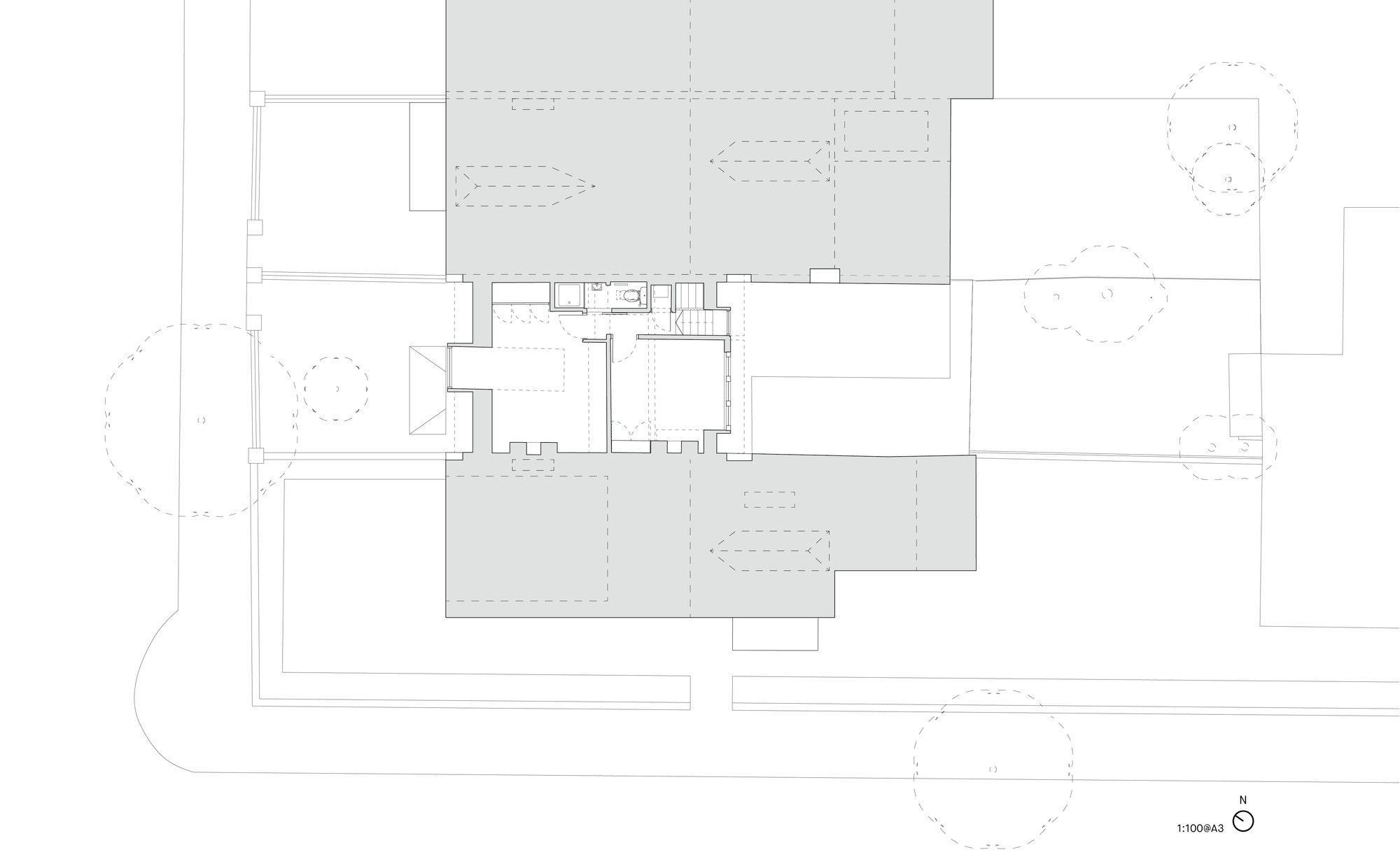 Floor plan drawing showing interior partition walls and bathroom fixtures on one level