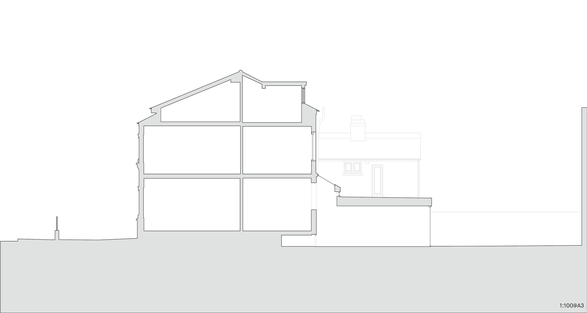 Section drawing showing the three-story main volume with pitched roof and single-story extension