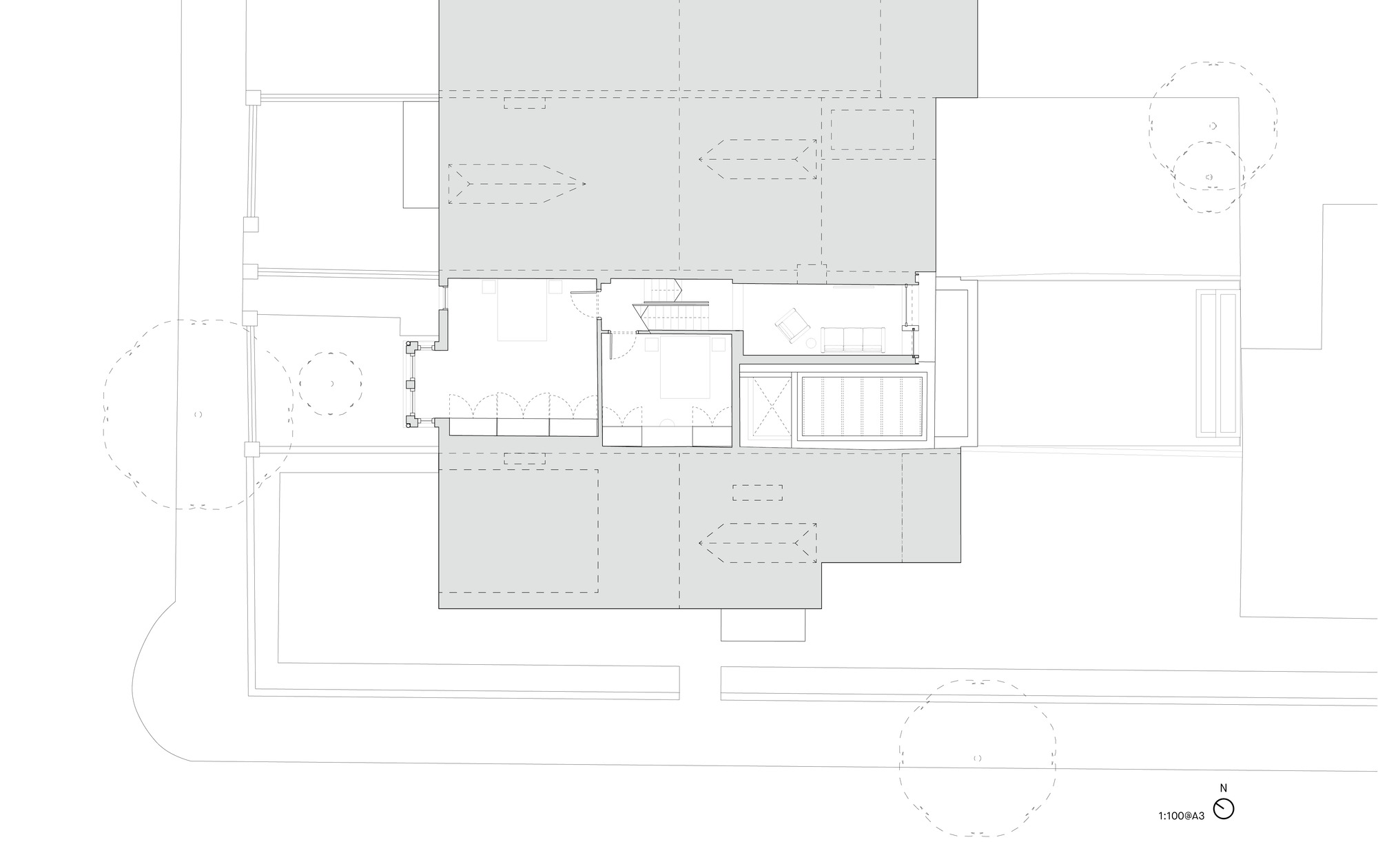 Floor plan drawing showing a pool addition to the east terrace beside the main living area