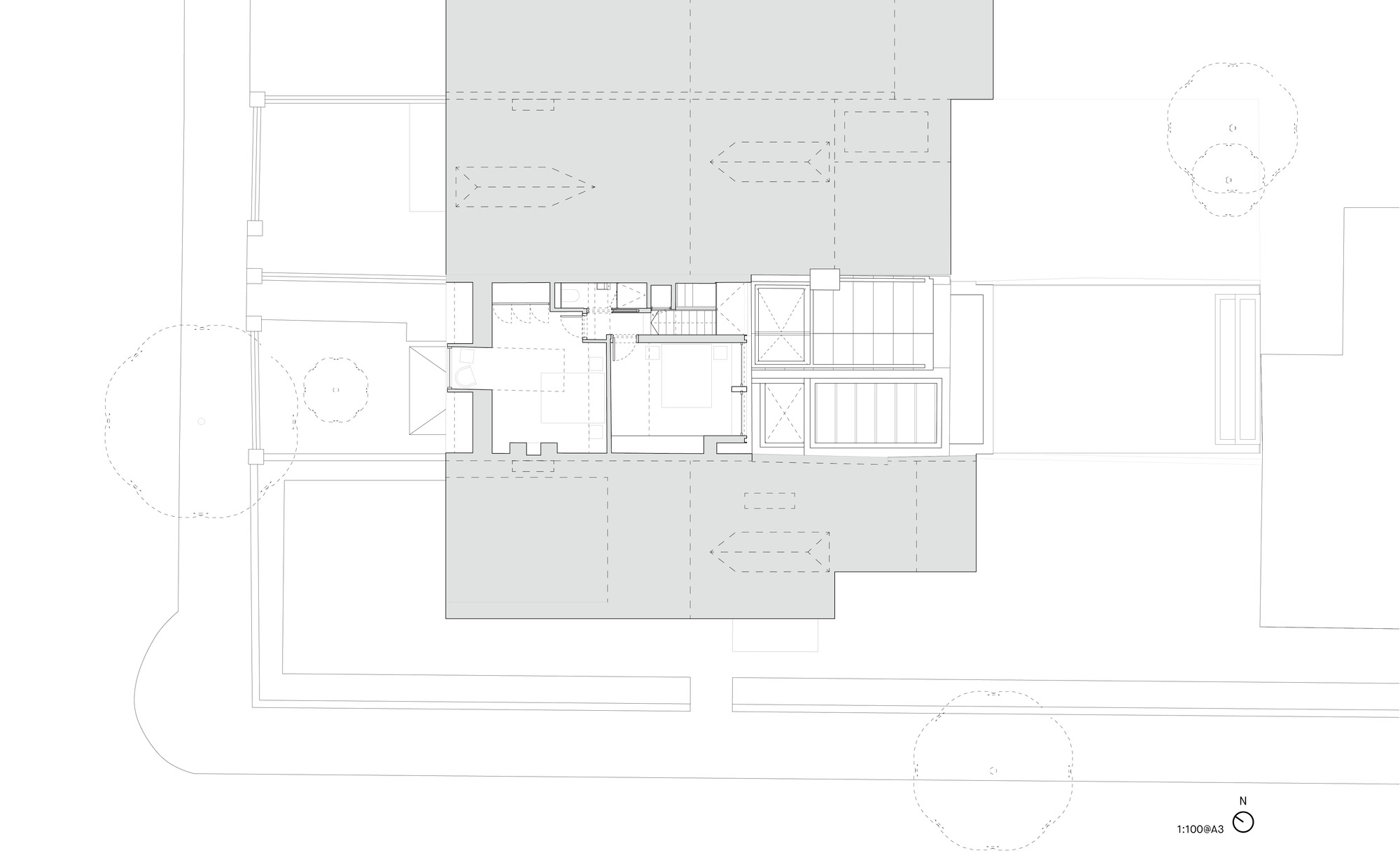 Floor plan drawing showing expanded interior rooms with staircase and pool on the eastern side