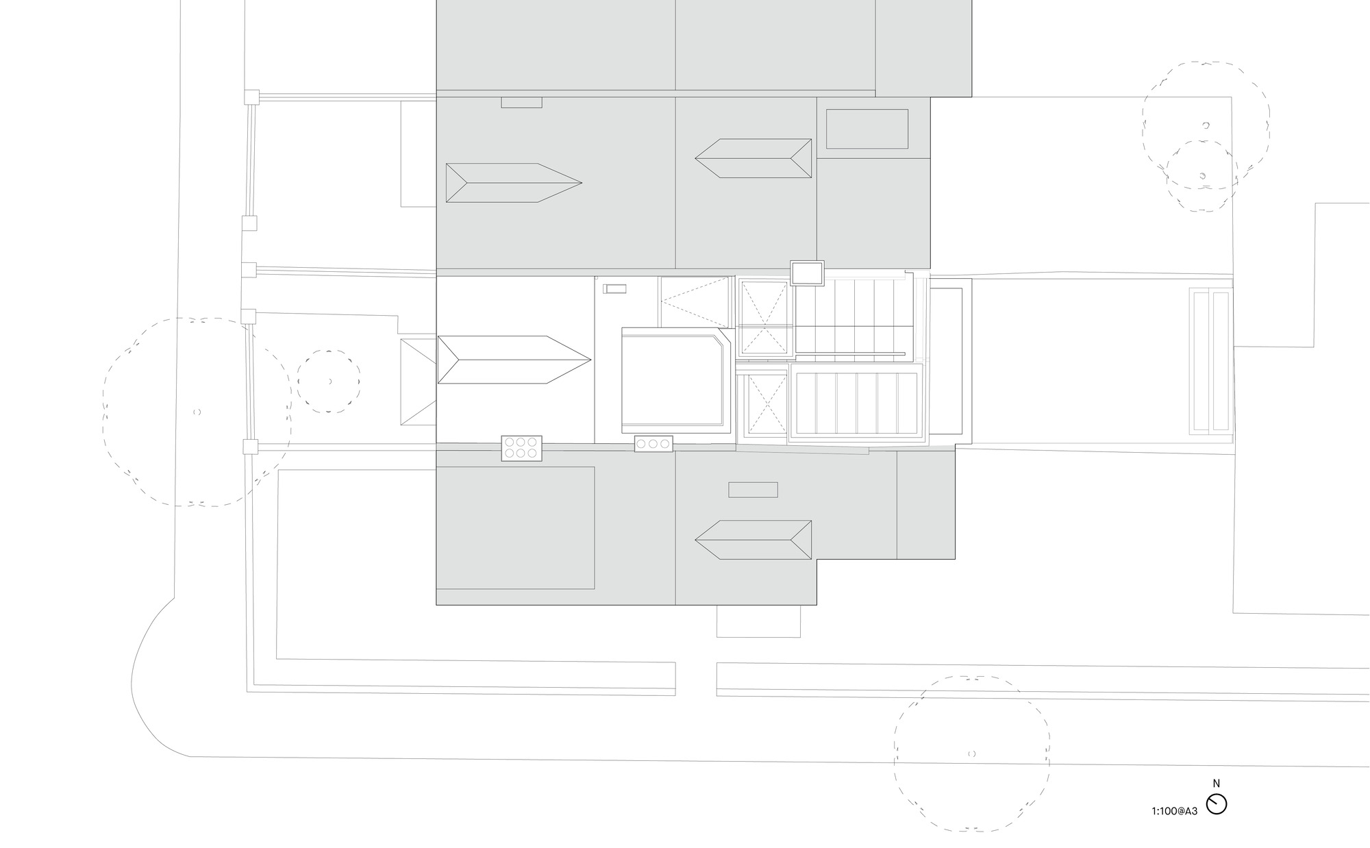 Roof plan drawing showing skylight placements and directional arrows indicating ventilation or circulation patterns