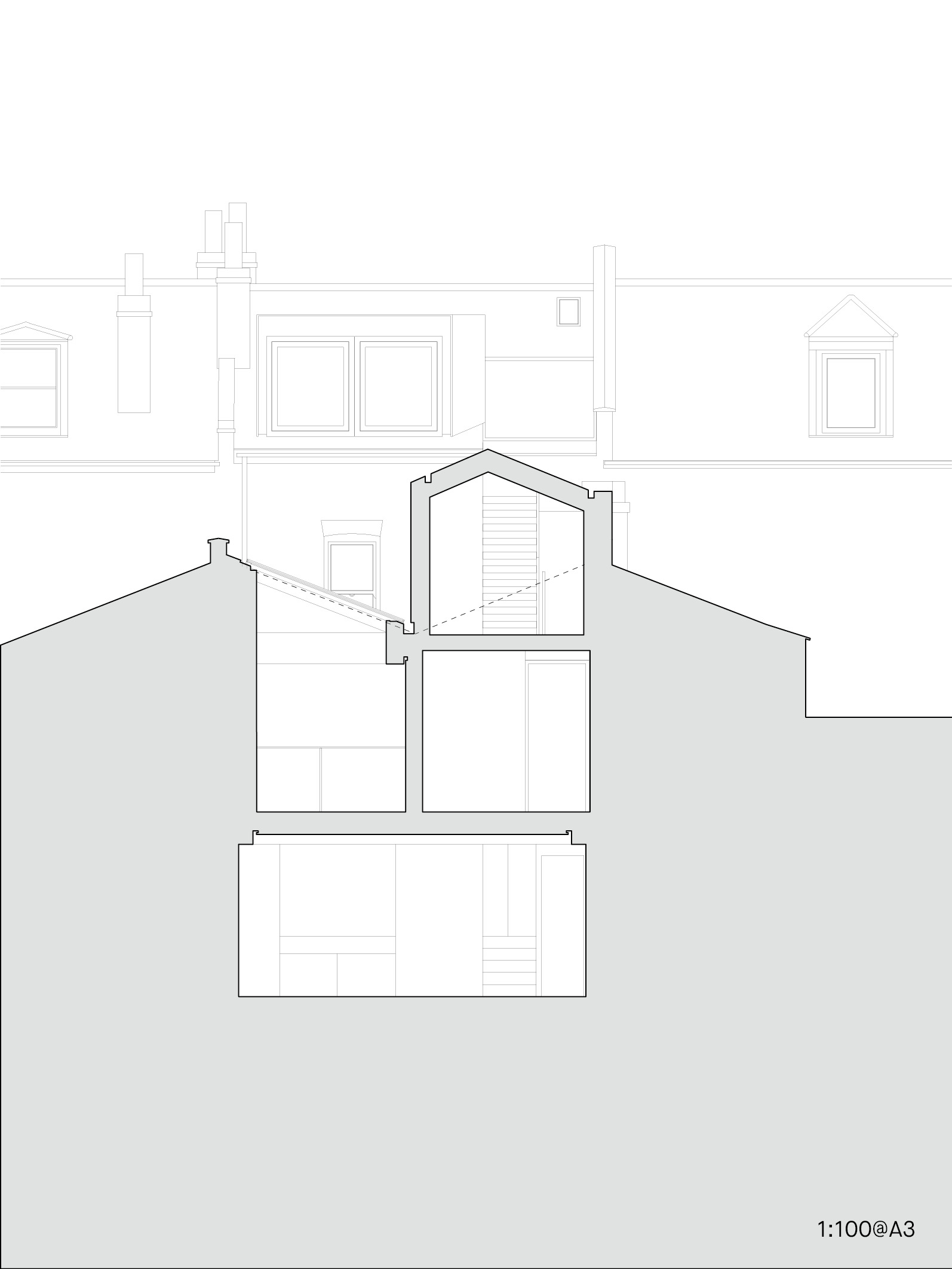 Section drawing revealing a gabled addition rising between neighbouring rooftops with existing party walls