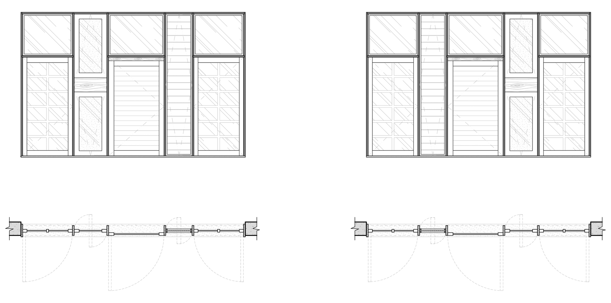Elevation drawings showing varied facade compositions with vertical and horizontal paneling patterns and window placements